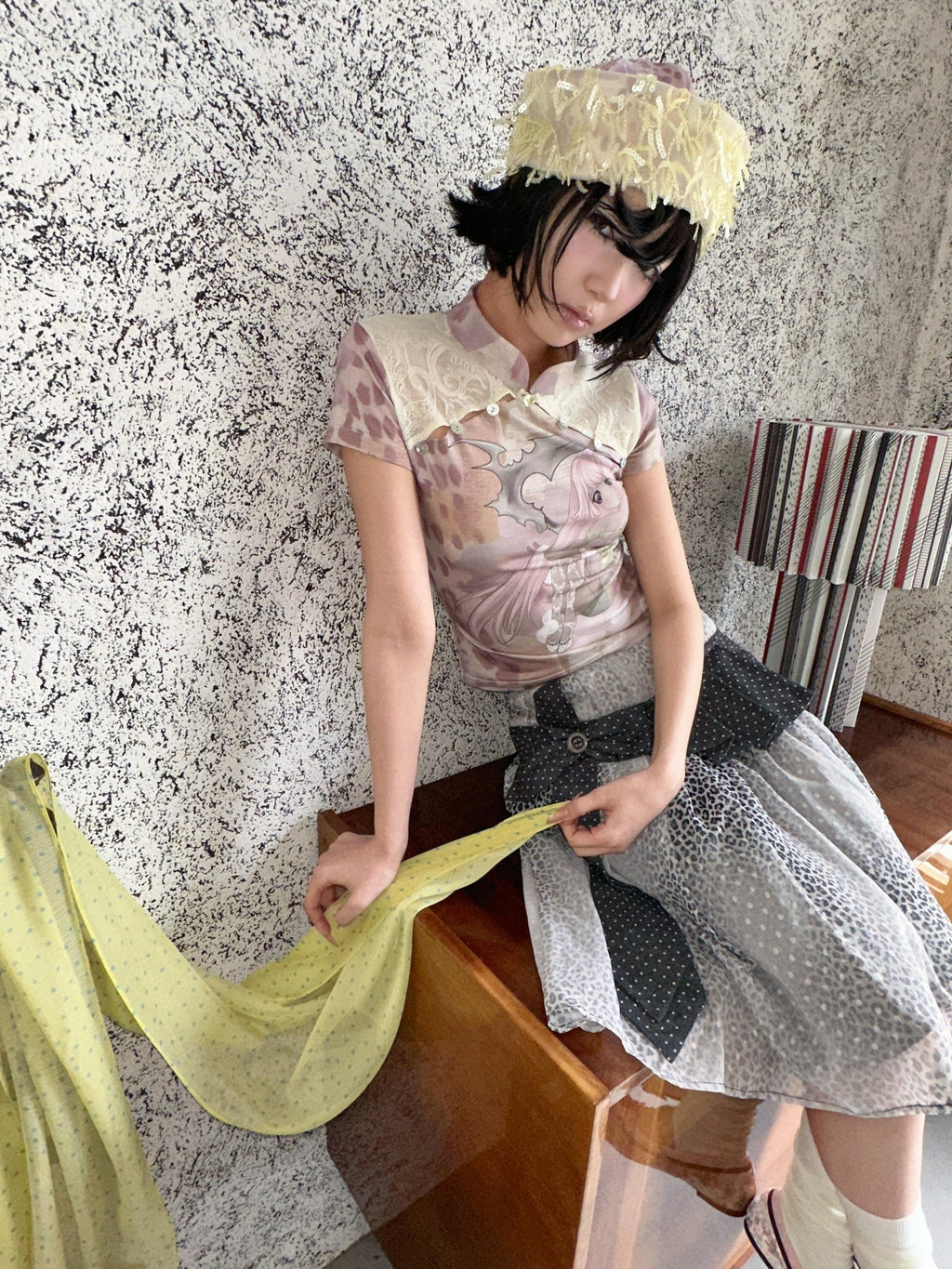 4RE1GN Pink Death Girl Lace Splice Qipao Collar Women's Polyester Short Sleeve T-shirts