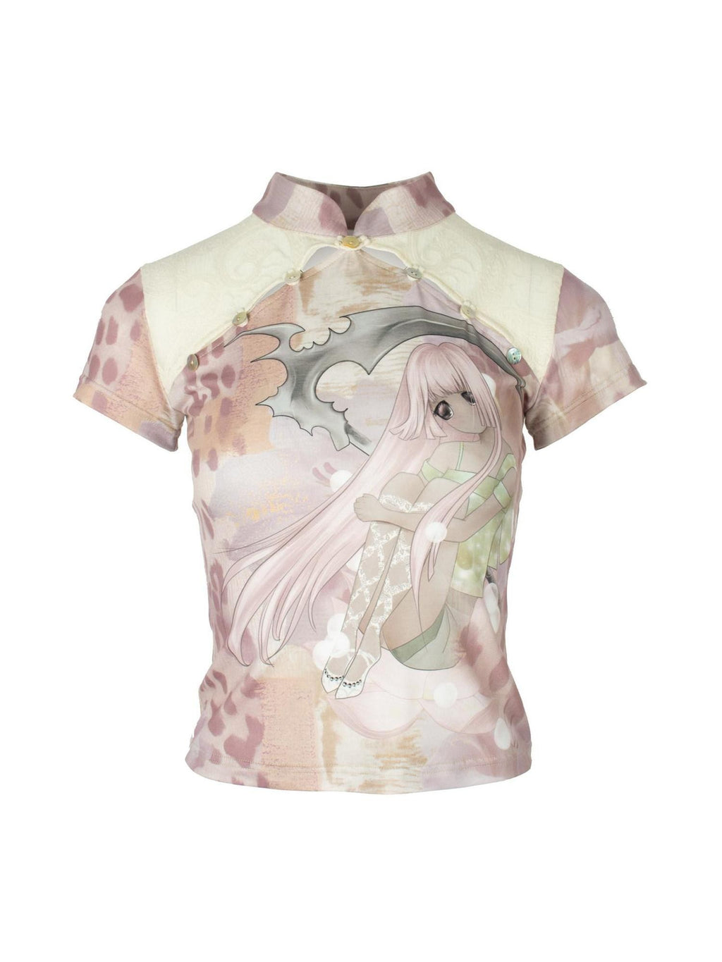 4RE1GN Pink Death Girl Lace Splice Qipao Collar Women's Polyester Short Sleeve T-shirts