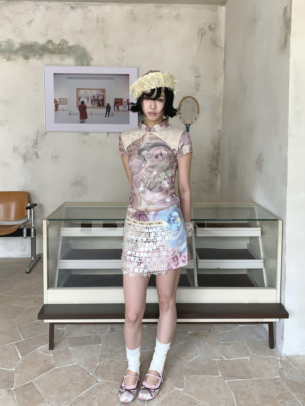 4RE1GN Pink Death Girl Lace Splice Qipao Collar Women's Polyester Short Sleeve T-shirts