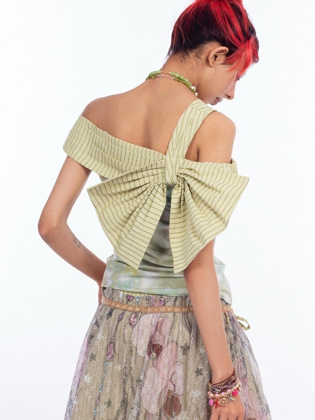 4RE1GN Printed Spliced Striped Detachable Butterfly Bow Women's Polyester Camisoles