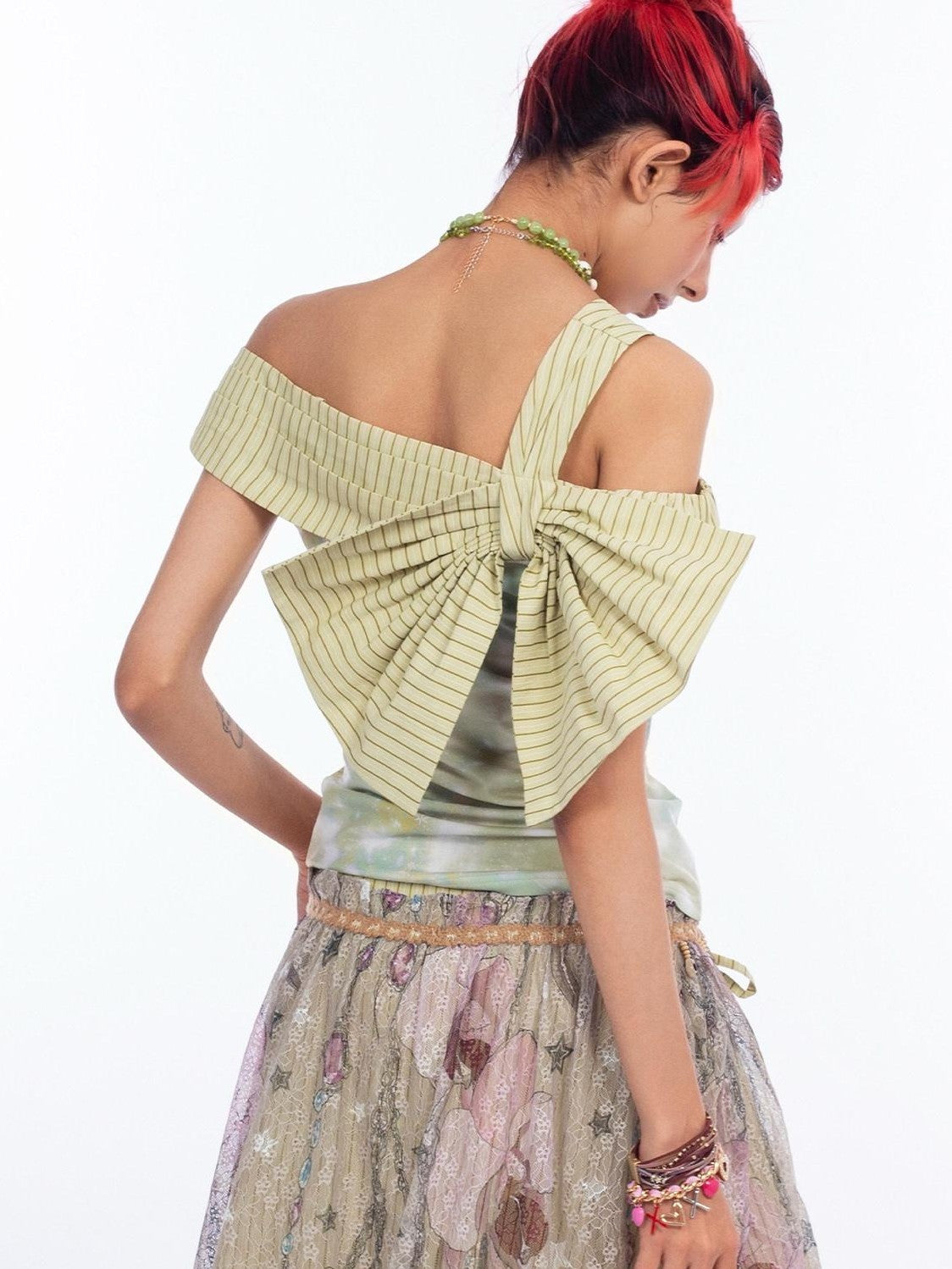 4RE1GN Printed Spliced Striped Detachable Butterfly Bow Women's Polyester Camisoles