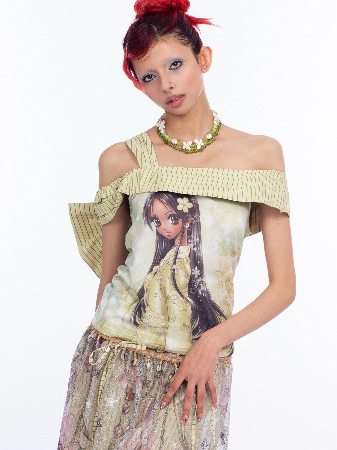 4RE1GN Printed Spliced Striped Detachable Butterfly Bow Women's Polyester Camisoles