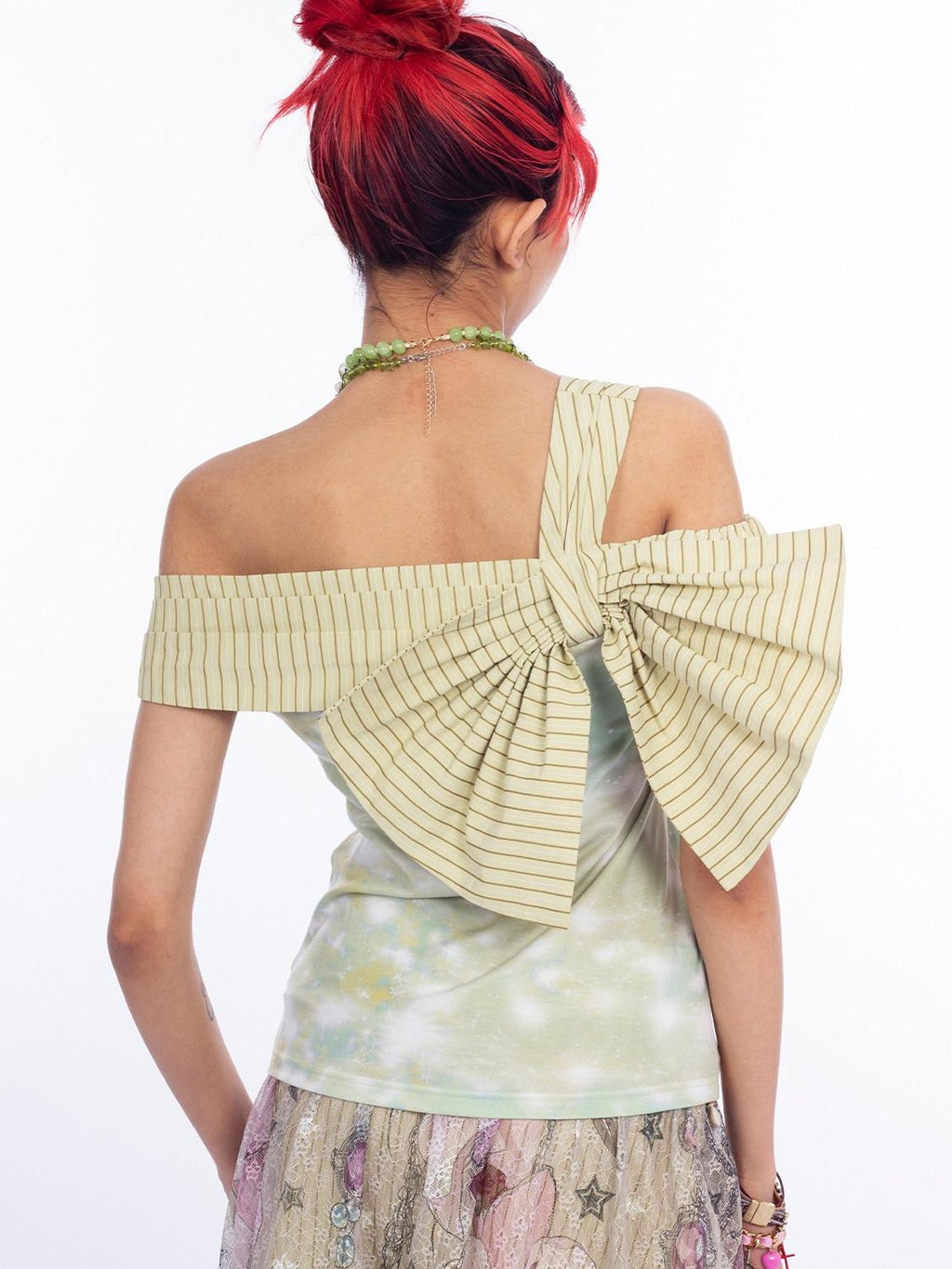 4RE1GN Printed Spliced Striped Detachable Butterfly Bow Women's Polyester Camisoles