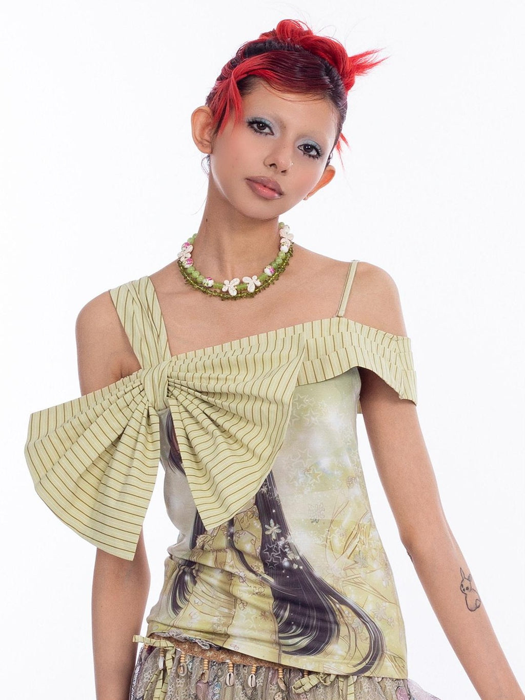 4RE1GN Printed Spliced Striped Detachable Butterfly Bow Women's Polyester Camisoles