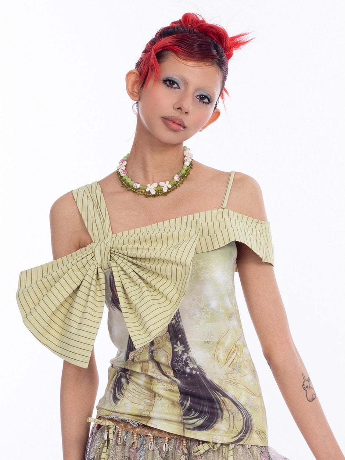 4RE1GN Printed Spliced Striped Detachable Butterfly Bow Women's Polyester Camisoles