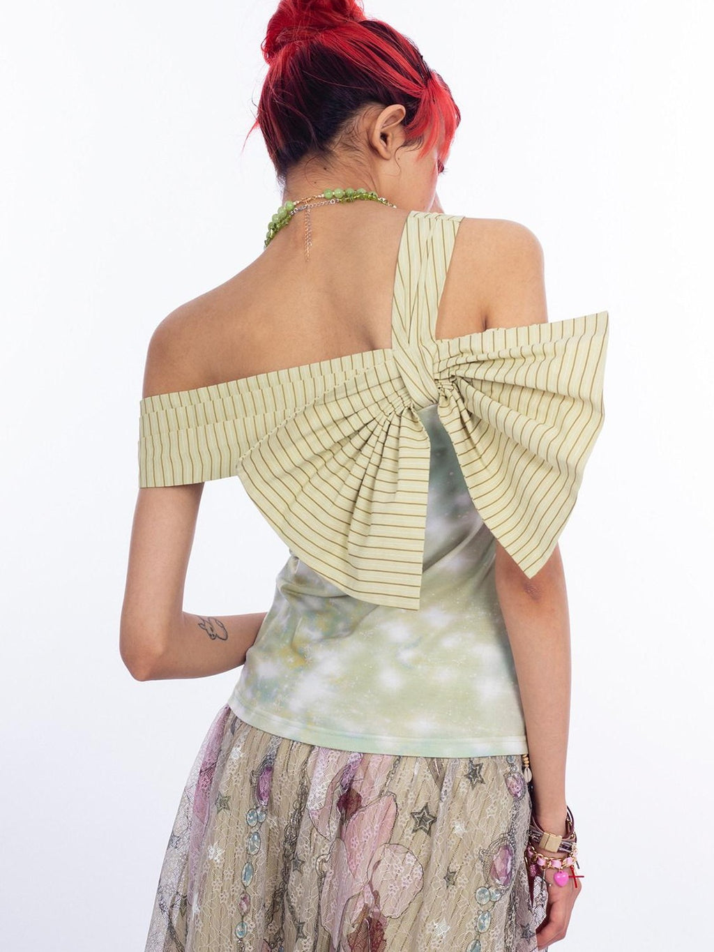 4RE1GN Printed Spliced Striped Detachable Butterfly Bow Women's Polyester Camisoles