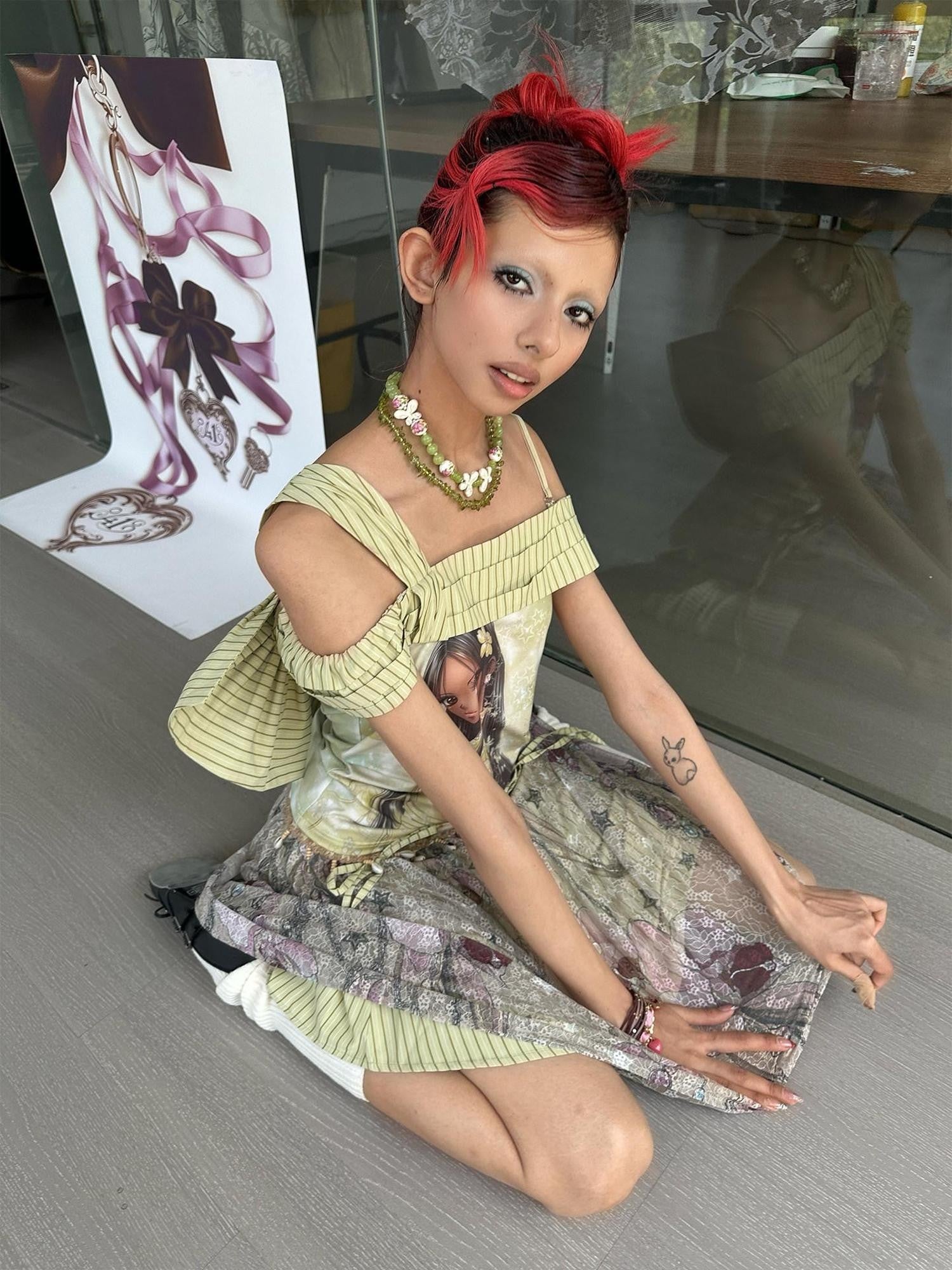 4RE1GN Printed Spliced Striped Detachable Butterfly Bow Women's Polyester Camisoles