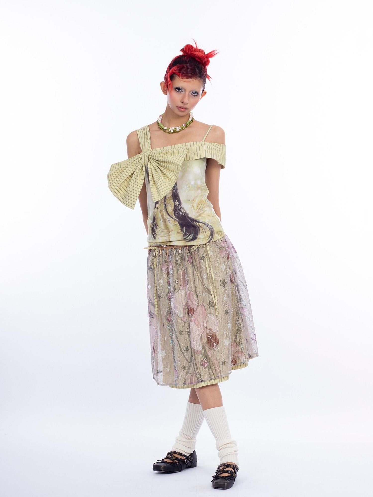 4RE1GN Printed Spliced Striped Detachable Butterfly Bow Women's Polyester Camisoles