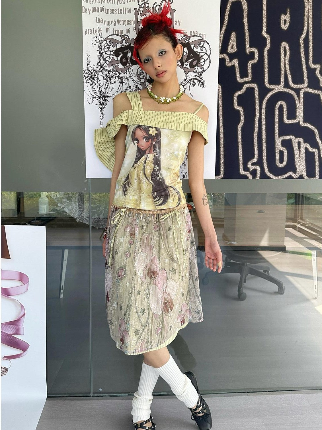 4RE1GN Printed Spliced Striped Detachable Butterfly Bow Women's Polyester Camisoles
