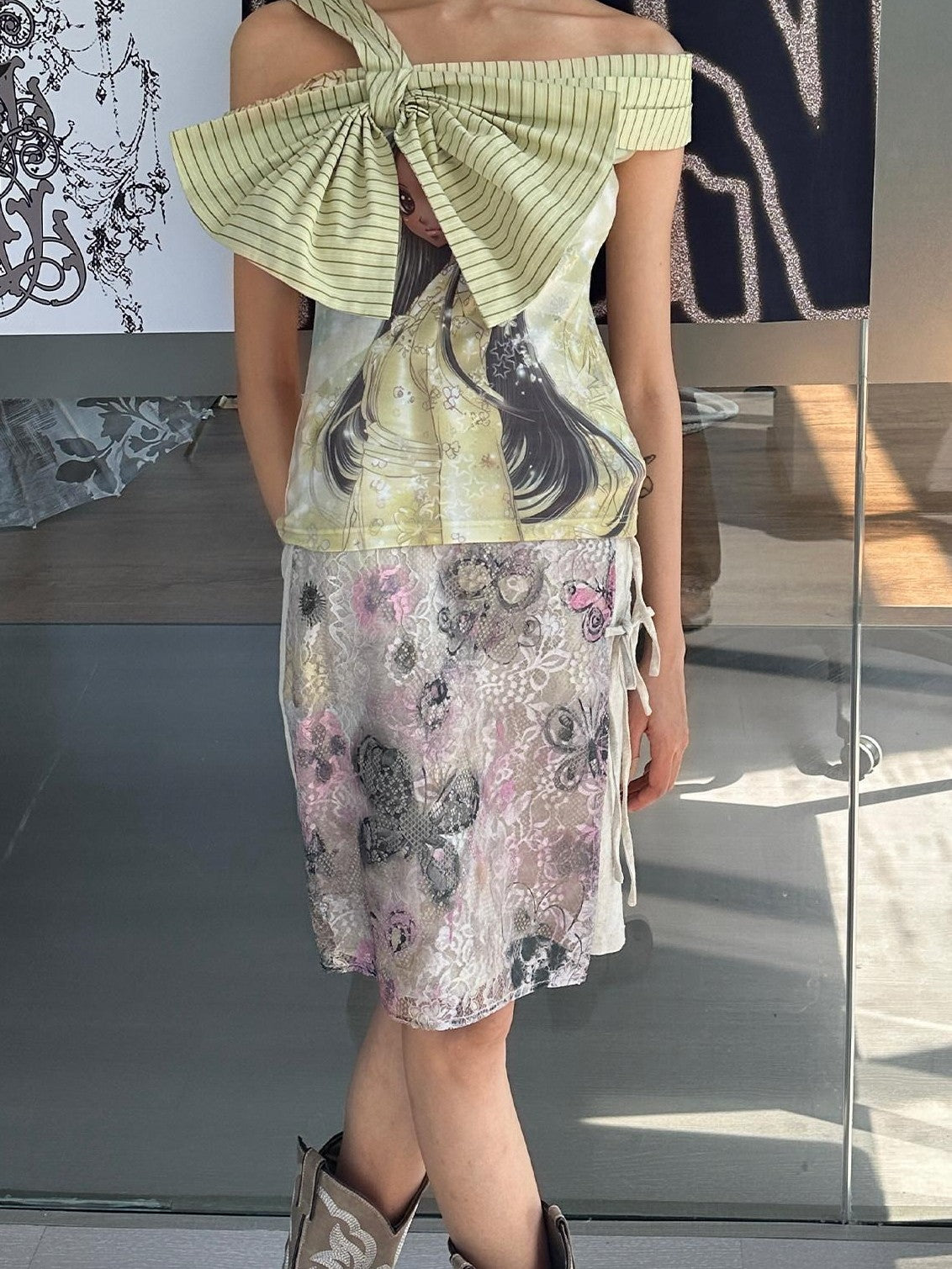 4RE1GN Printed Spliced Striped Detachable Butterfly Bow Women's Polyester Camisoles