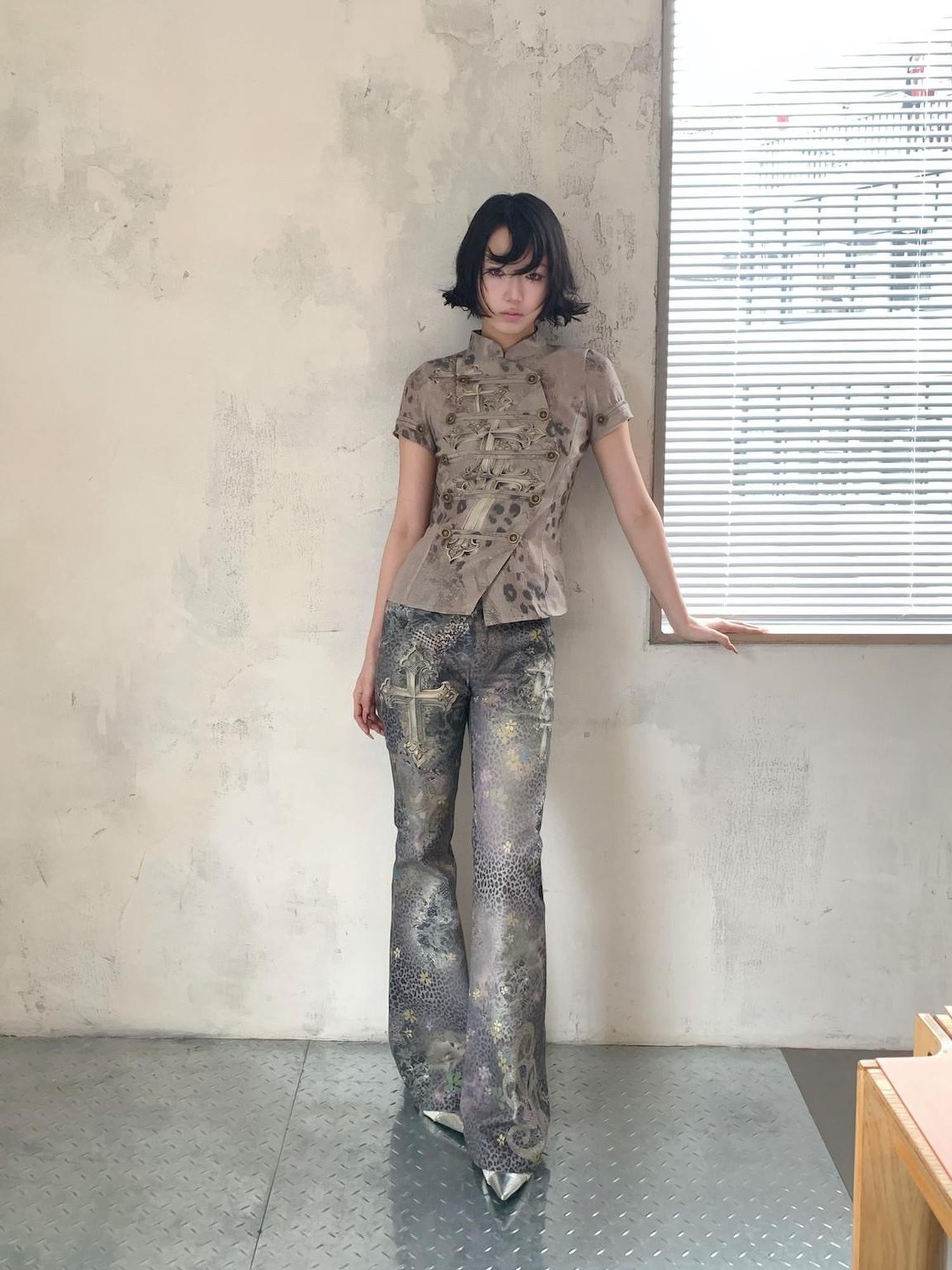 4RE1GN Purple Leopard Pattern Cross Print Women's Cotton Flare Pants