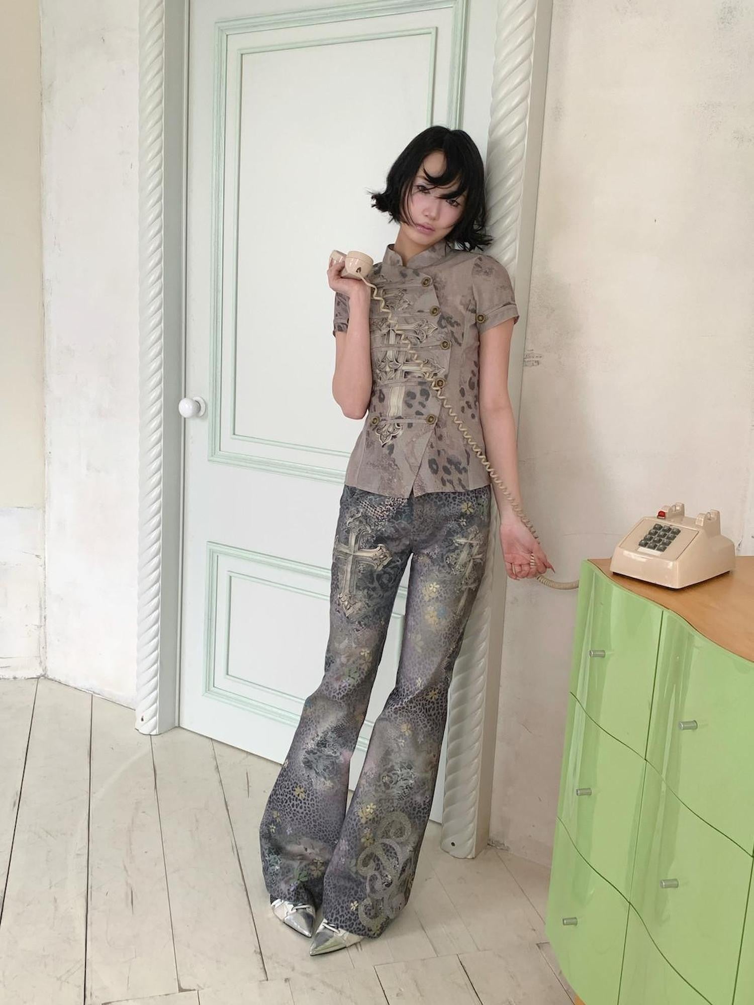4RE1GN Purple Leopard Pattern Cross Print Women's Cotton Flare Pants