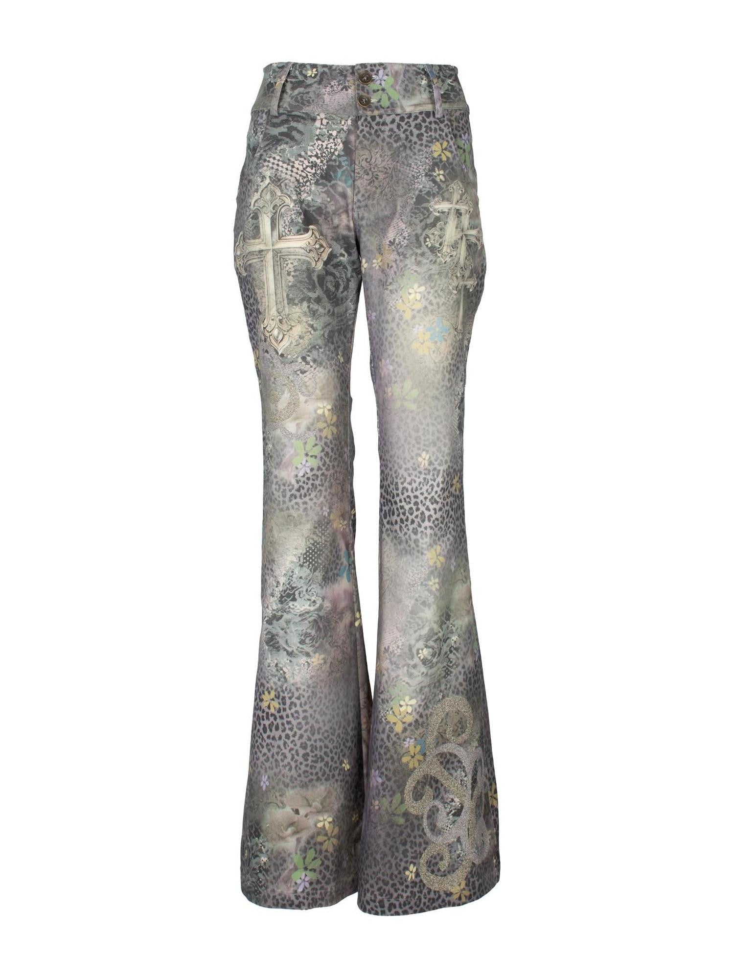 4RE1GN Purple Leopard Pattern Cross Print Women's Cotton Flare Pants