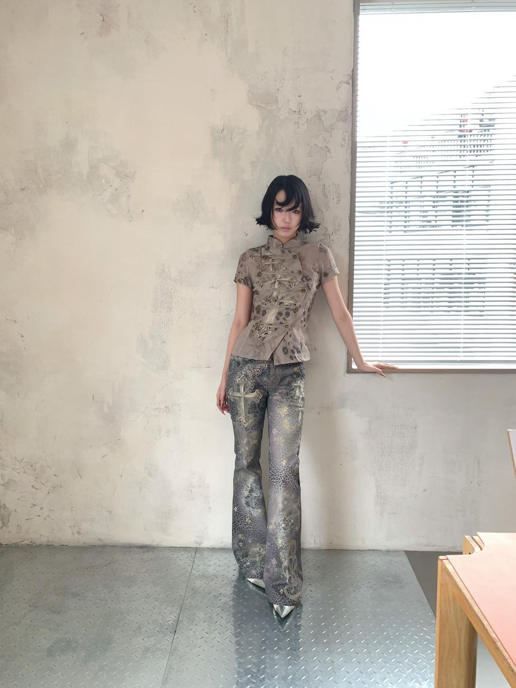4RE1GN Purple Leopard Pattern Cross Print Women's Cotton Flare Pants