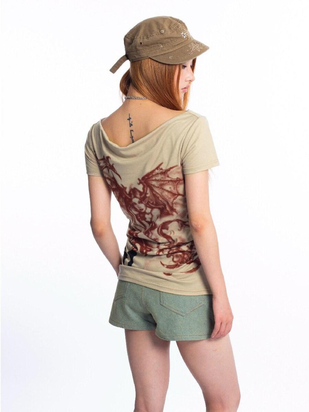4RE1GN Retro Printed Heart Arrow Star Studded Women's Cotton Denim Skorts