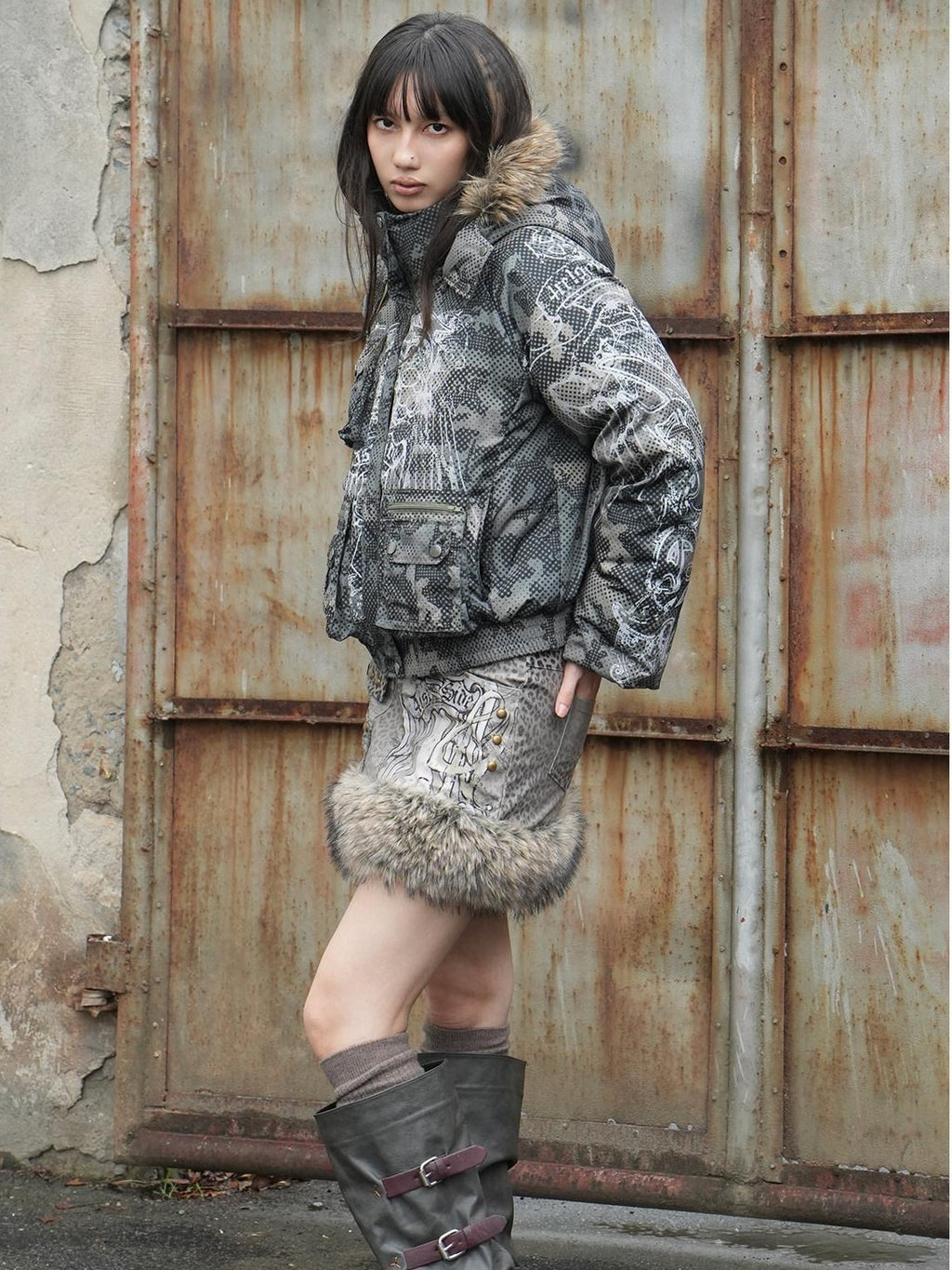 4RE1GN Retro Star Camo Print Detachable Fur Hood Women's 90 White Duck Down Down Jackets