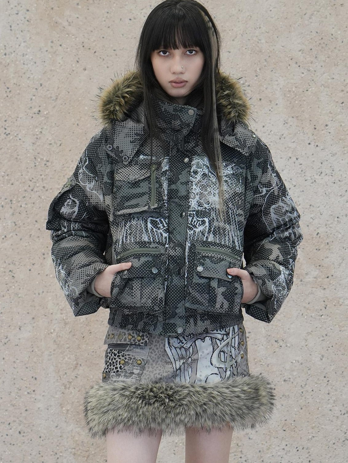 4RE1GN Retro Star Camo Print Detachable Fur Hood Women's 90 White Duck Down Down Jackets