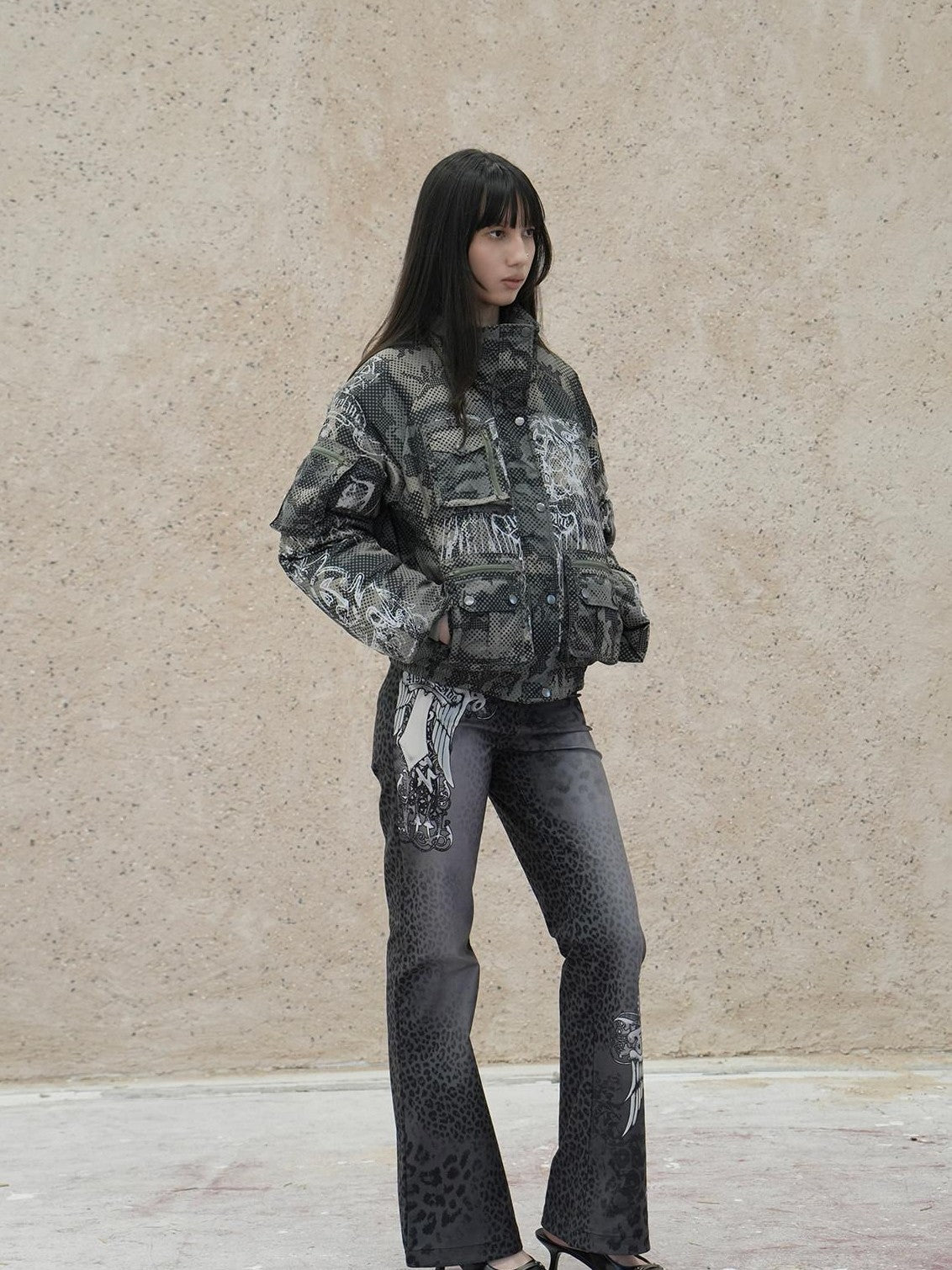 4RE1GN Retro Star Camo Print Detachable Fur Hood Women's 90 White Duck Down Down Jackets