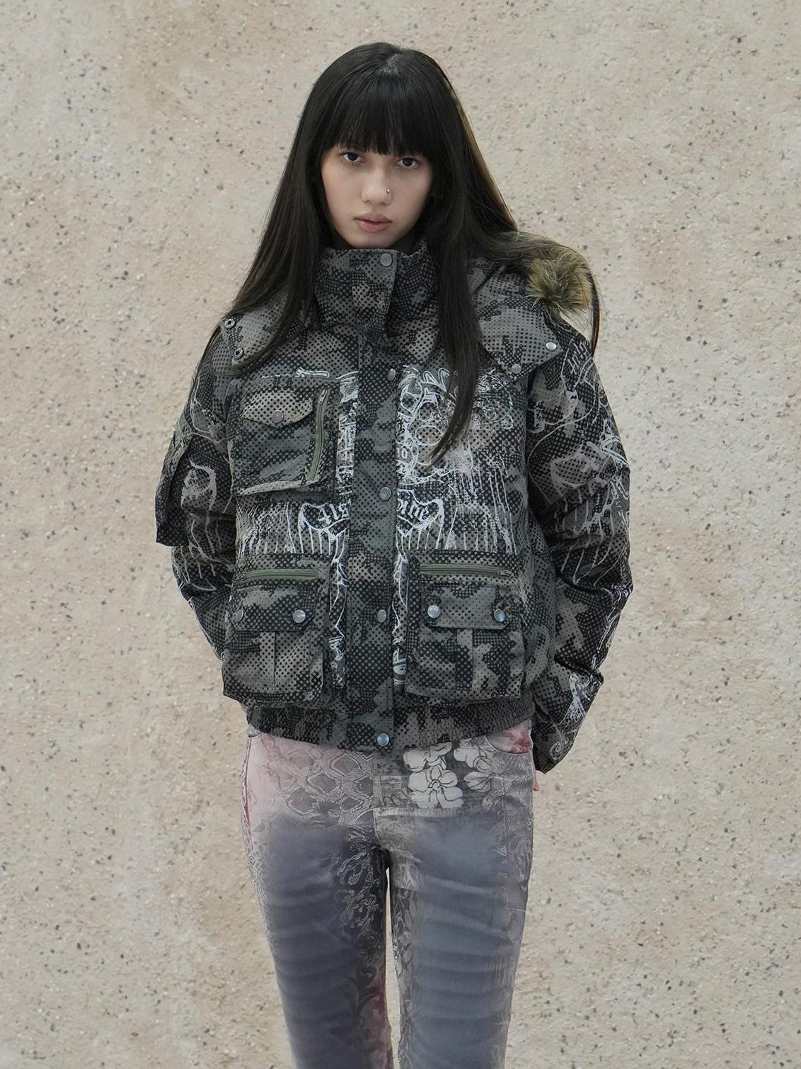 4RE1GN Retro Star Camo Print Detachable Fur Hood Women's 90 White Duck Down Down Jackets