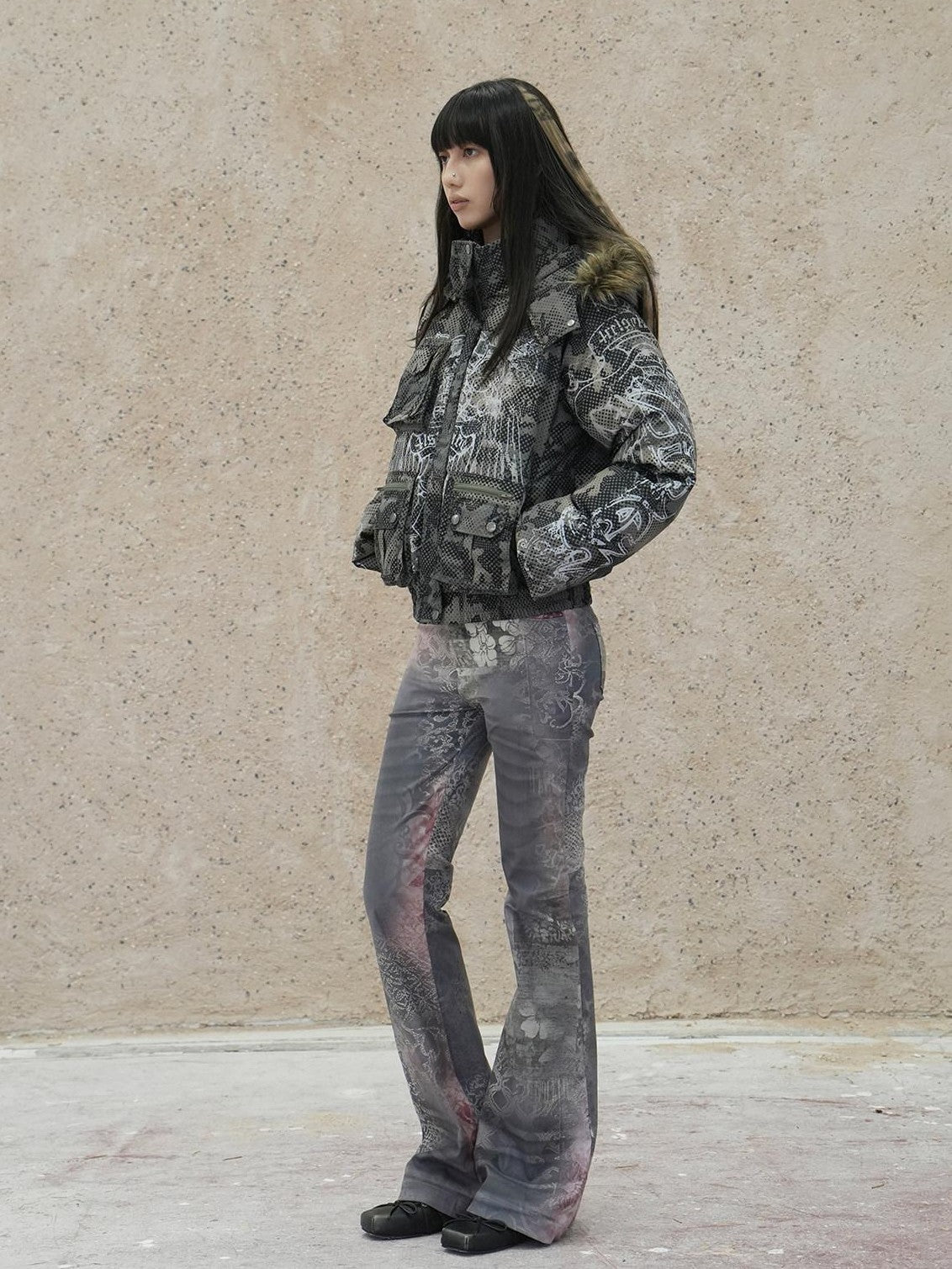 4RE1GN Retro Star Camo Print Detachable Fur Hood Women's 90 White Duck Down Down Jackets
