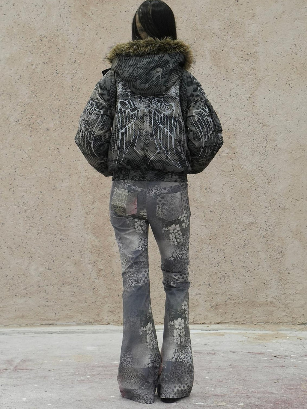 4RE1GN Retro Star Camo Print Detachable Fur Hood Women's 90 White Duck Down Down Jackets