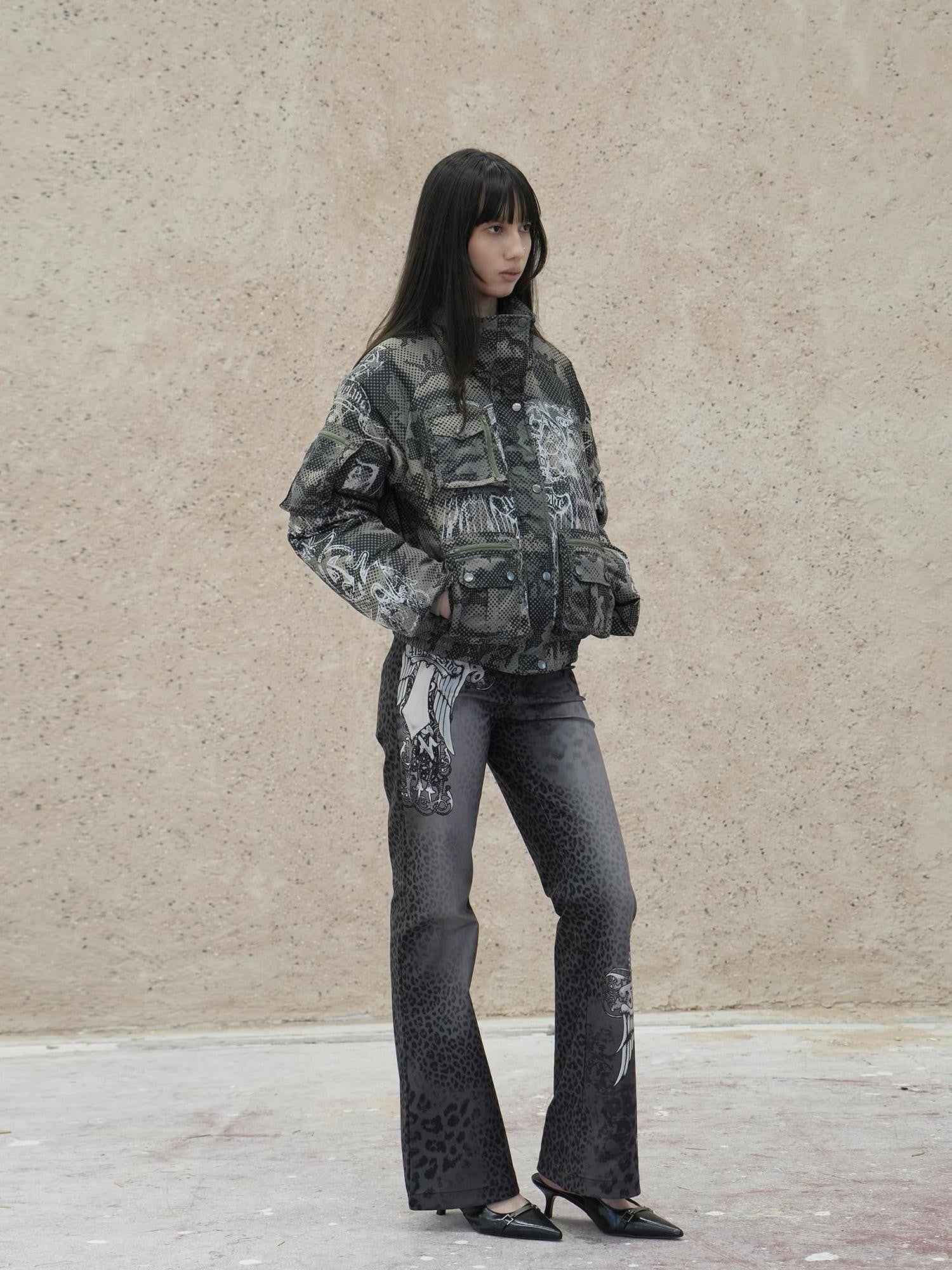 4RE1GN Retro Star Camo Print Detachable Fur Hood Women's 90 White Duck Down Down Jackets