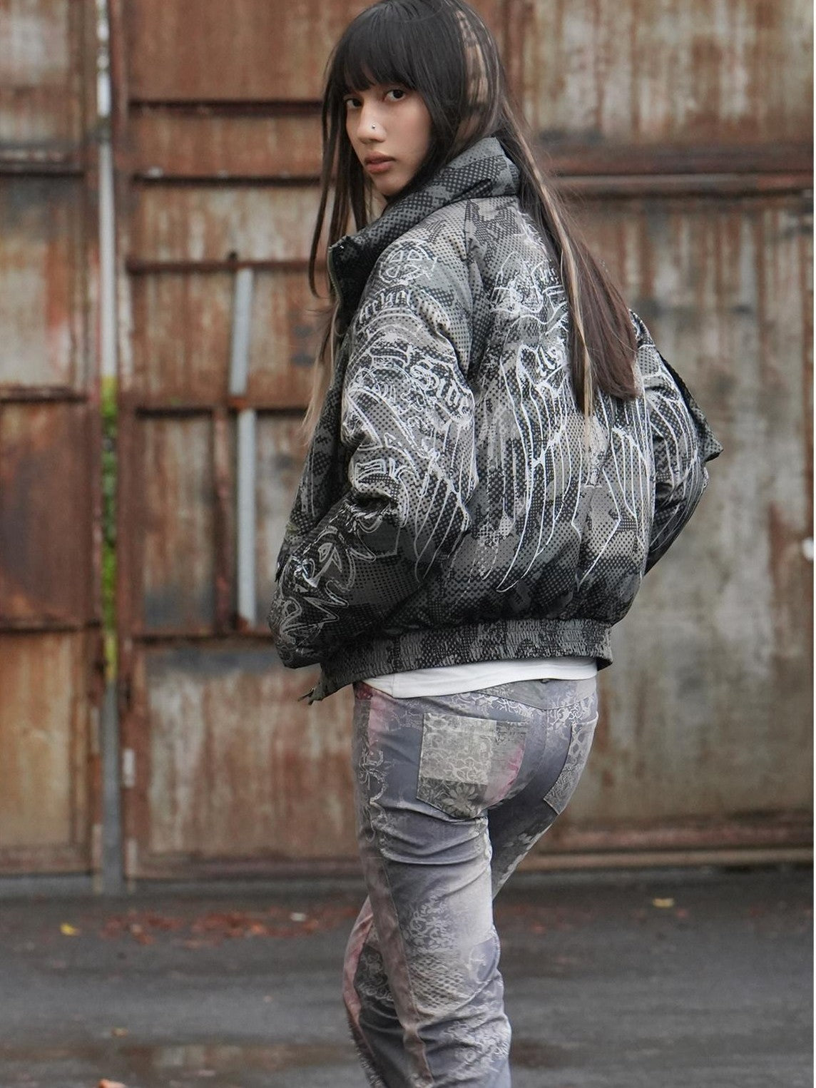 4RE1GN Retro Star Camo Print Detachable Fur Hood Women's 90 White Duck Down Down Jackets