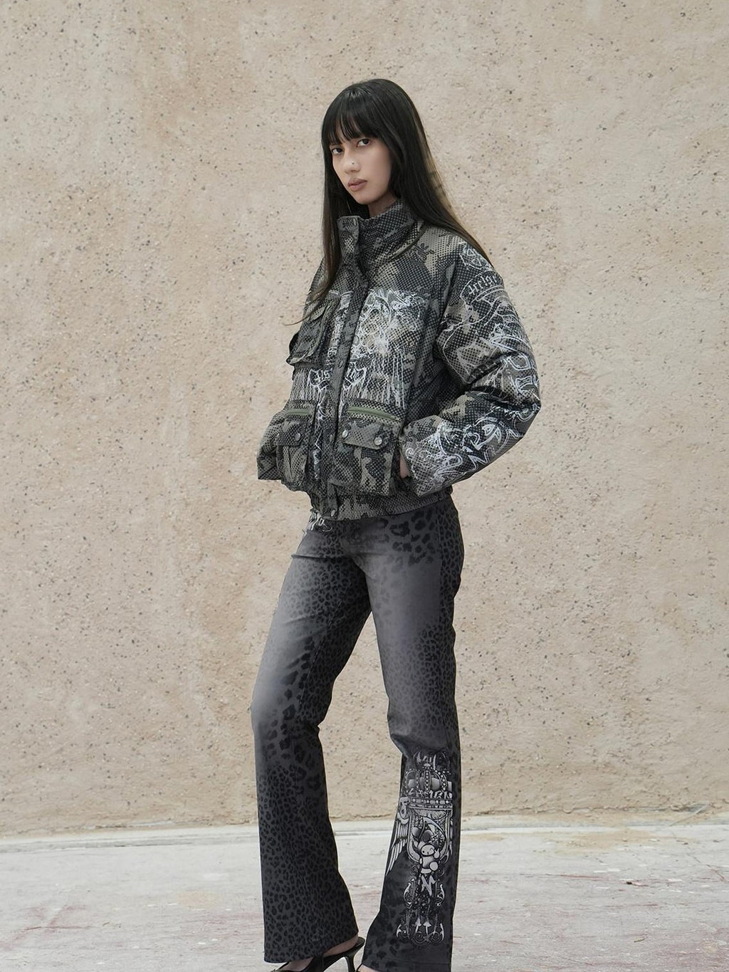 4RE1GN Retro Star Camo Print Detachable Fur Hood Women's 90 White Duck Down Down Jackets