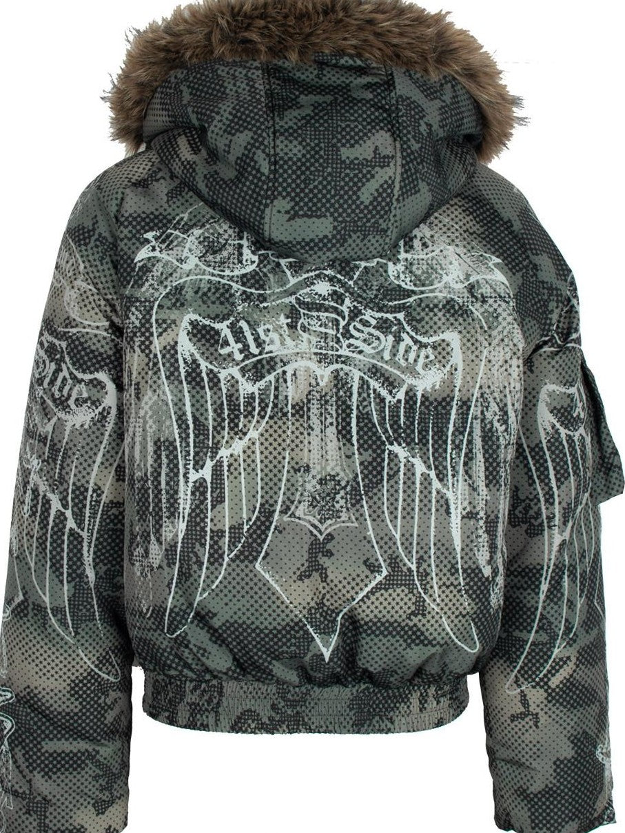 4RE1GN Retro Star Camo Print Detachable Fur Hood Women's 90 White Duck Down Down Jackets