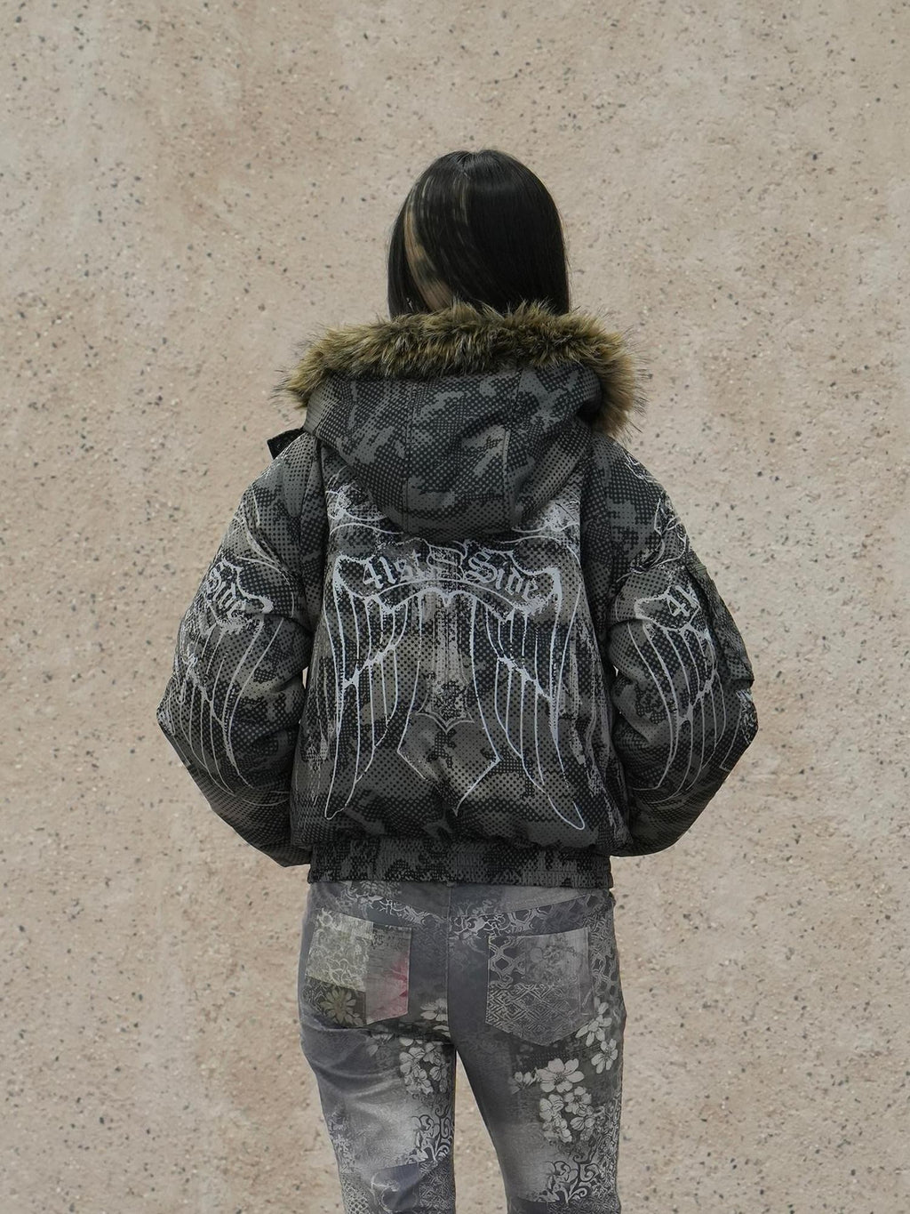 4RE1GN Retro Star Camo Print Detachable Fur Hood Women's 90 White Duck Down Down Jackets