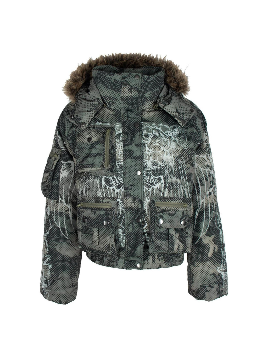 4RE1GN Retro Star Camo Print Detachable Fur Hood Women's 90 White Duck Down Down Jackets