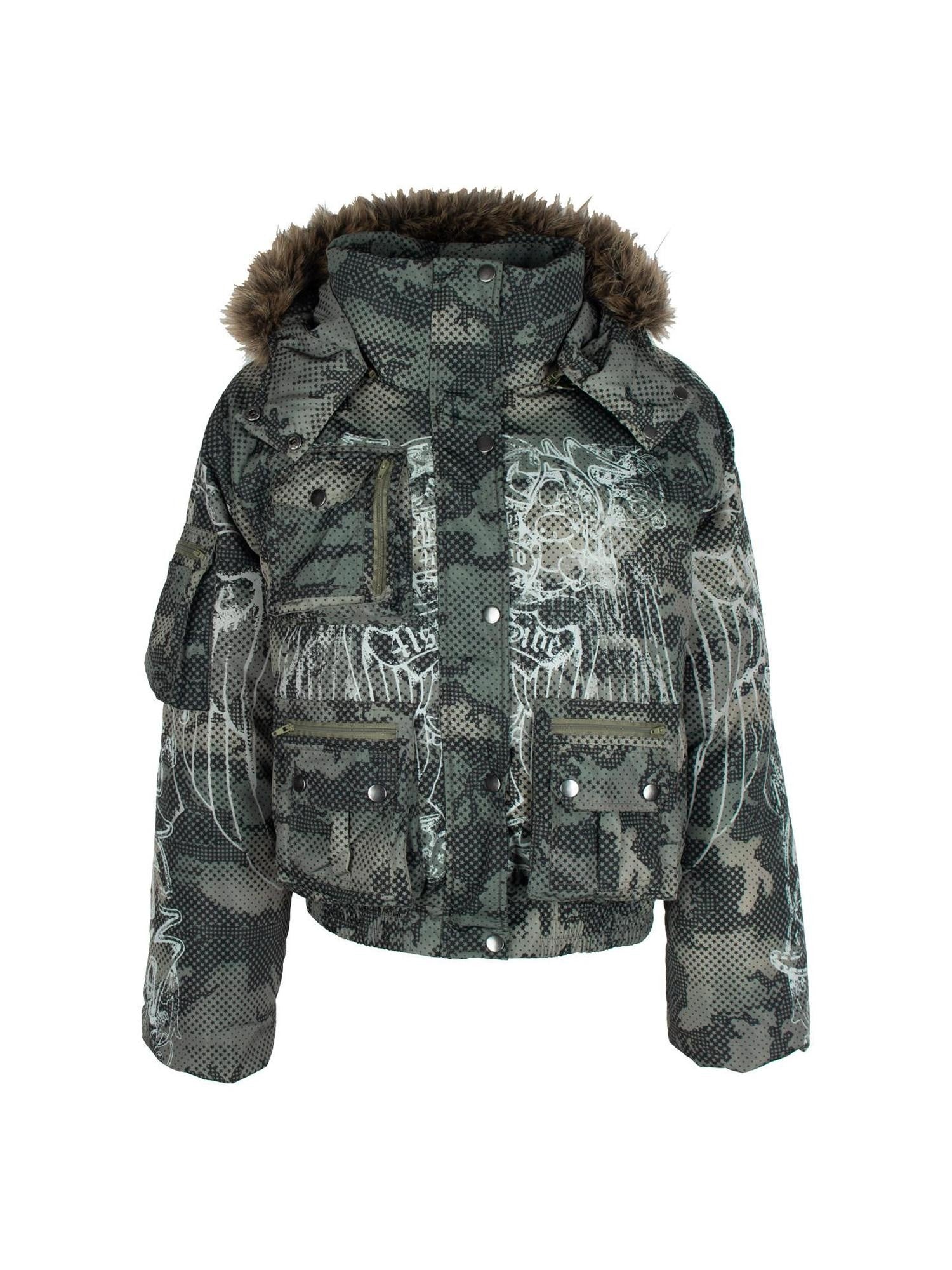 4RE1GN Retro Star Camo Print Detachable Fur Hood Women's 90 White Duck Down Down Jackets