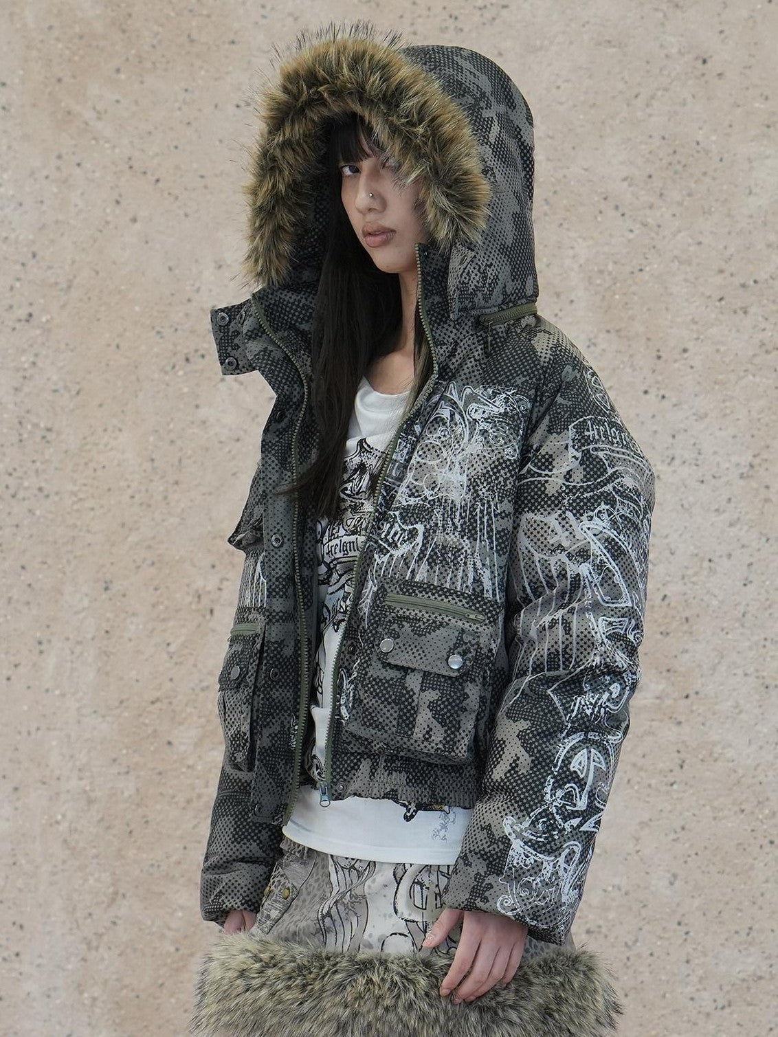 4RE1GN Retro Star Camo Print Detachable Fur Hood Women's 90 White Duck Down Down Jackets