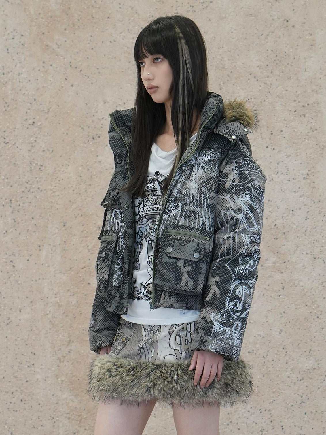 4RE1GN Retro Star Camo Print Detachable Fur Hood Women's 90 White Duck Down Down Jackets