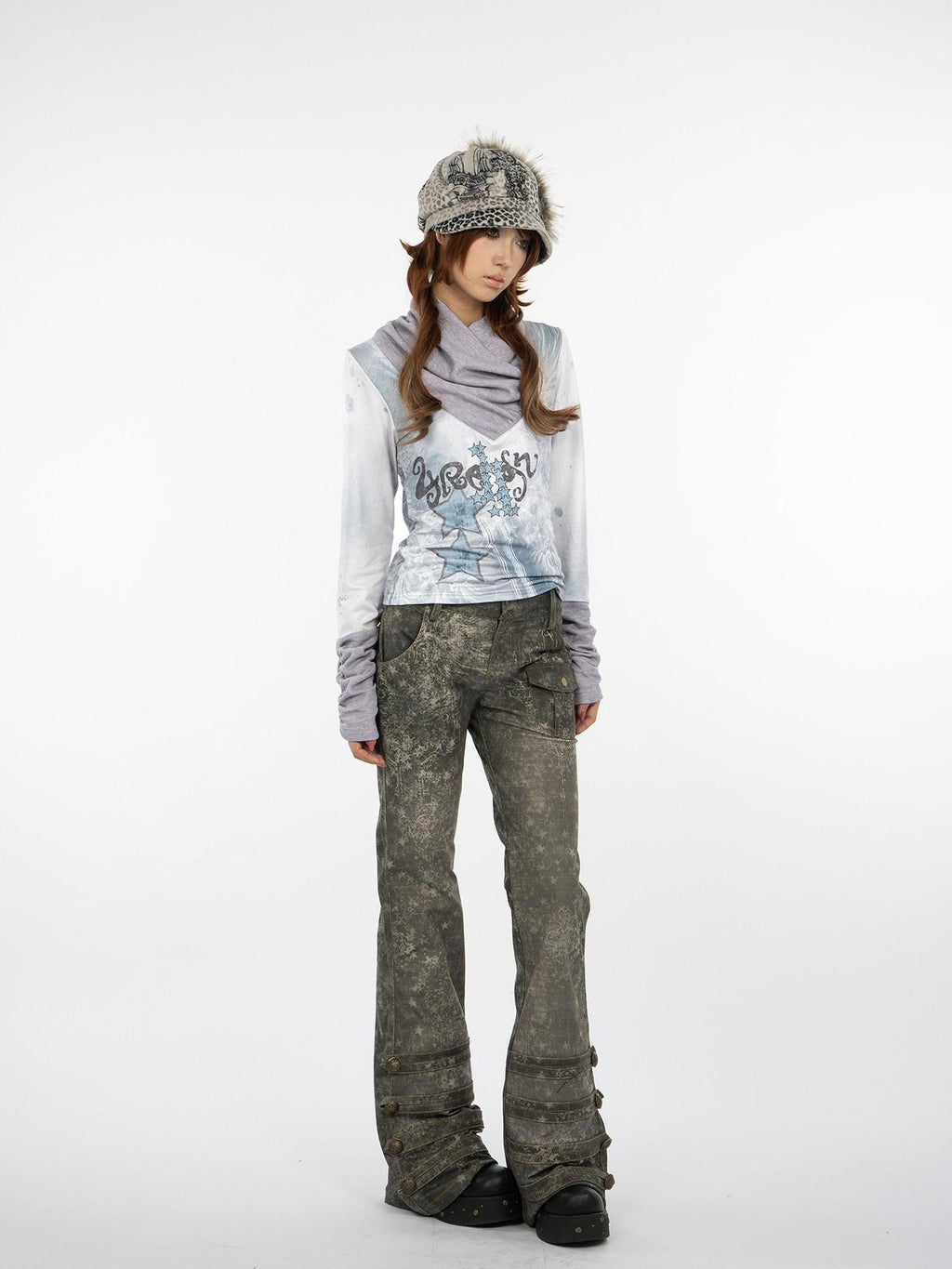 4RE1GN Retro Star Print Heavy Corduroy Women's Polyester Flare Pants