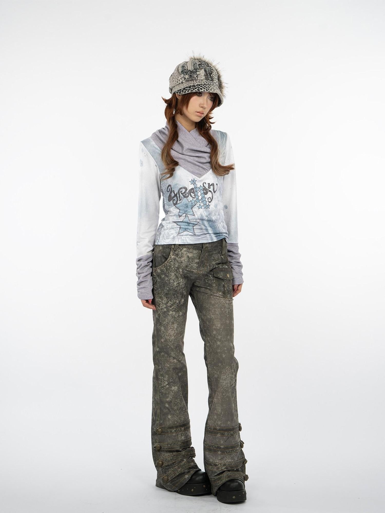 4RE1GN Retro Star Print Heavy Corduroy Women's Polyester Flare Pants