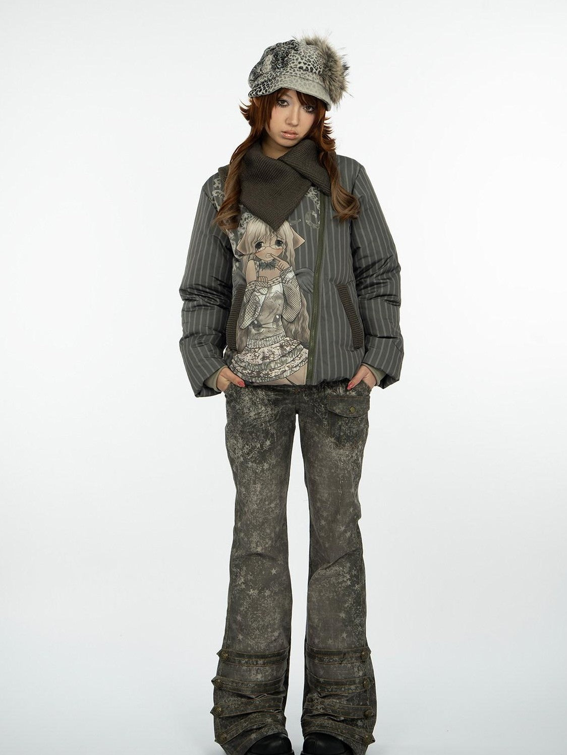 4RE1GN Retro Star Print Heavy Corduroy Women's Polyester Flare Pants