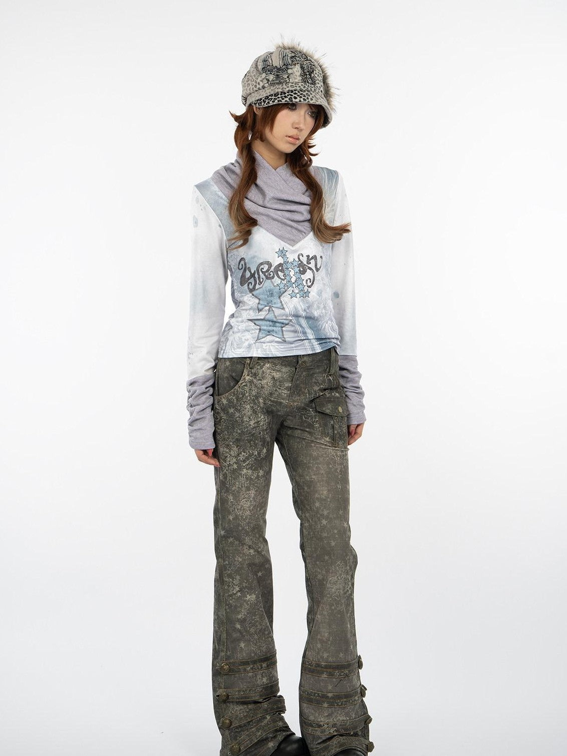 4RE1GN Retro Star Print Heavy Corduroy Women's Polyester Flare Pants