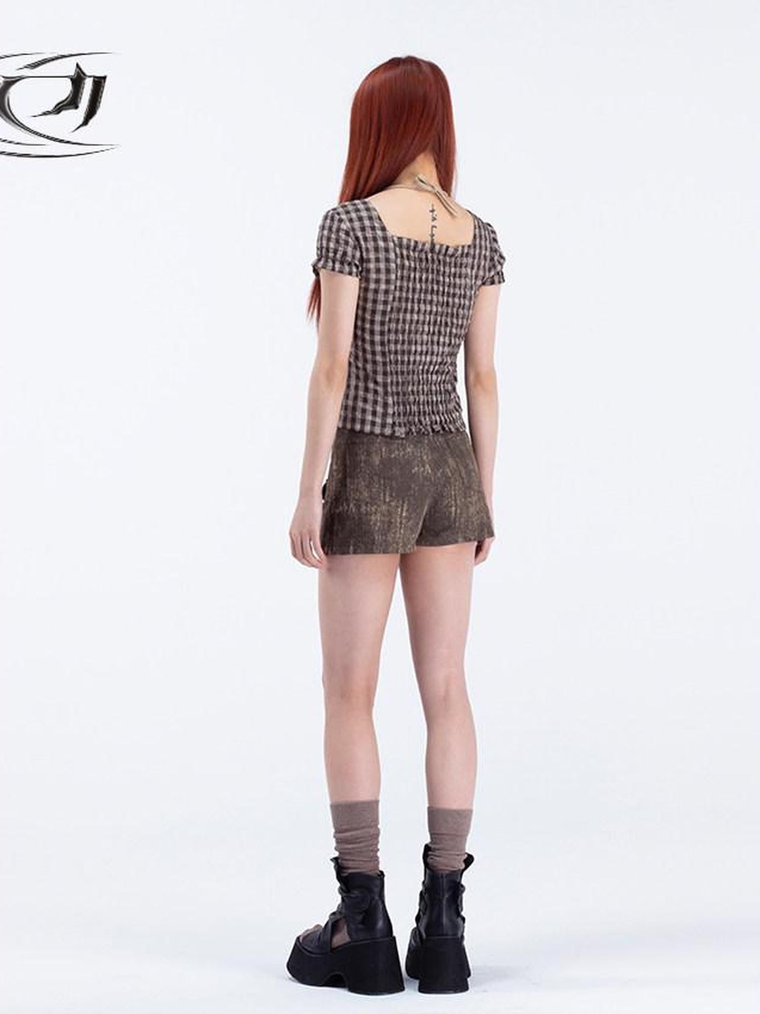 4RE1GN Skull Print Plaid Patchwork A Line Women's Cotton Blend Skorts