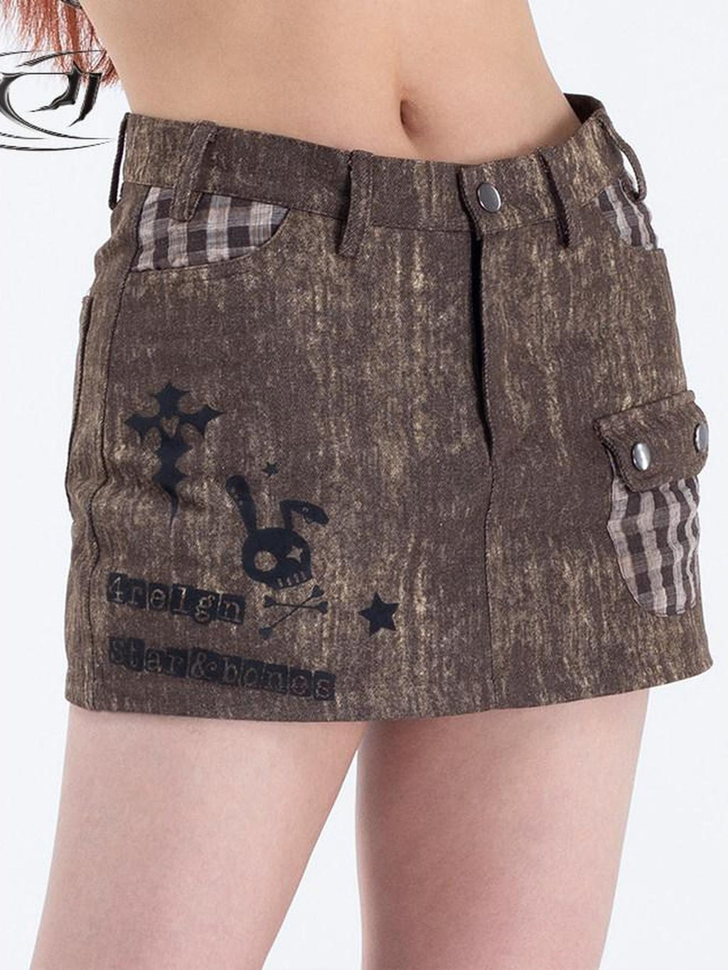 4RE1GN Skull Print Plaid Patchwork A Line Women's Cotton Blend Skorts