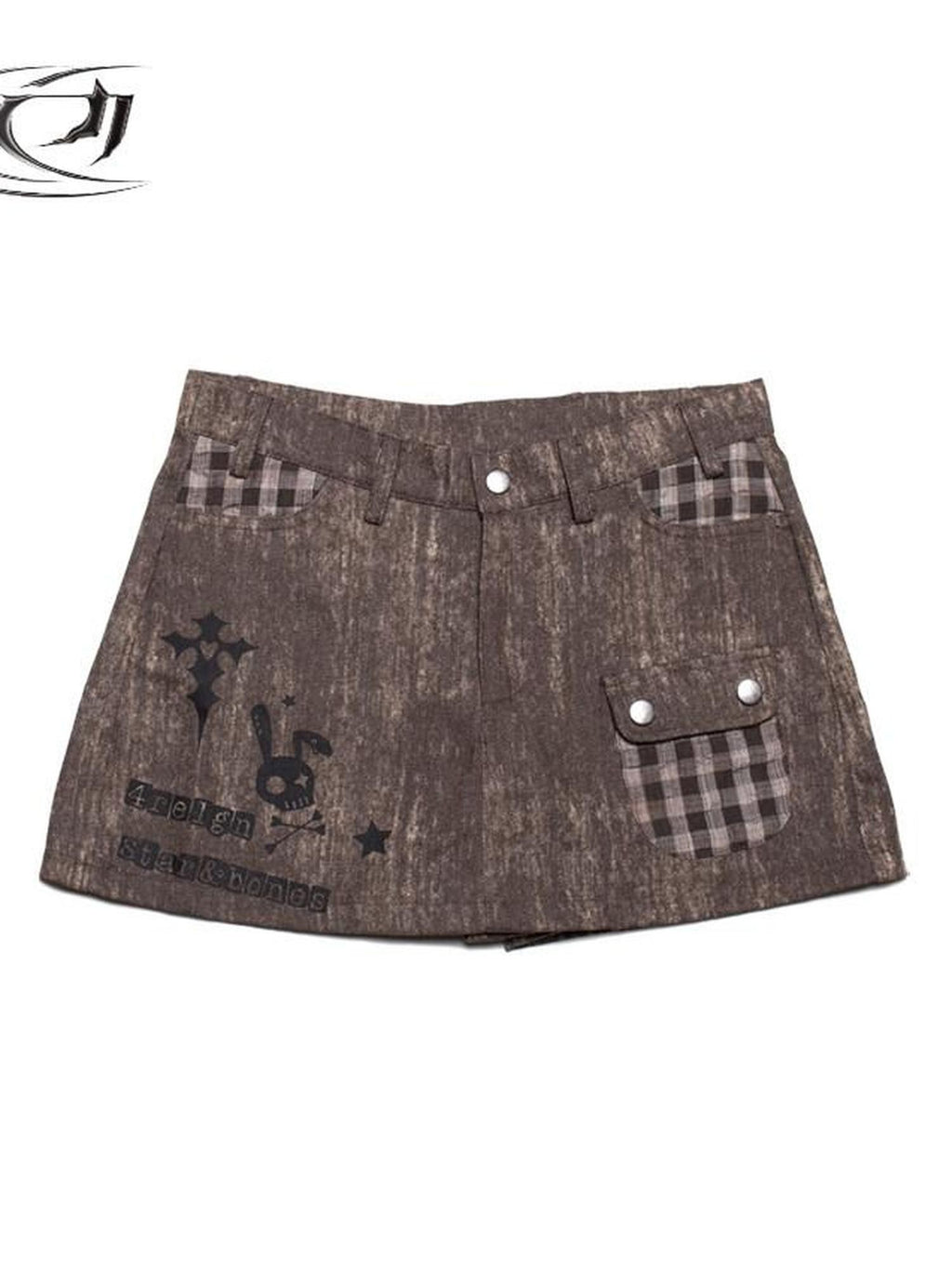 4RE1GN Skull Print Plaid Patchwork A Line Women's Cotton Blend Skorts
