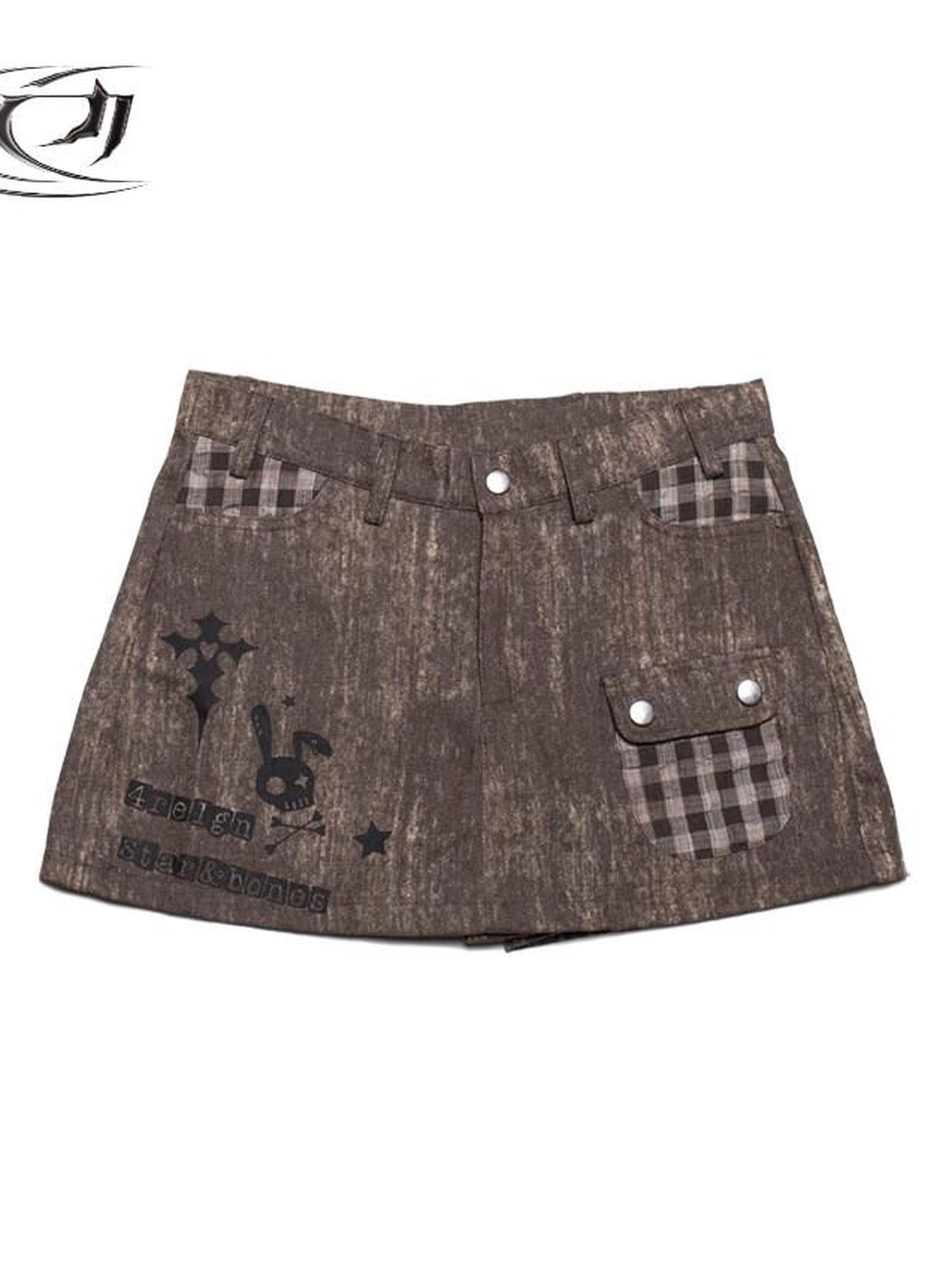 4RE1GN Skull Print Plaid Patchwork A Line Women's Cotton Blend Skorts