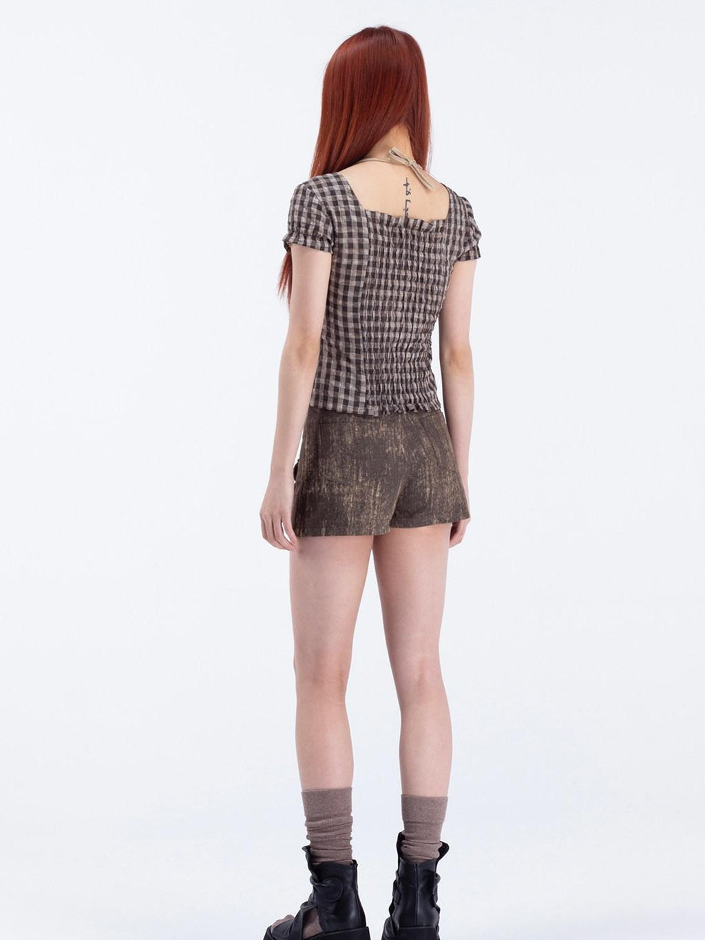 4RE1GN Skull Print Plaid Patchwork A Line Women's Cotton Blend Skorts