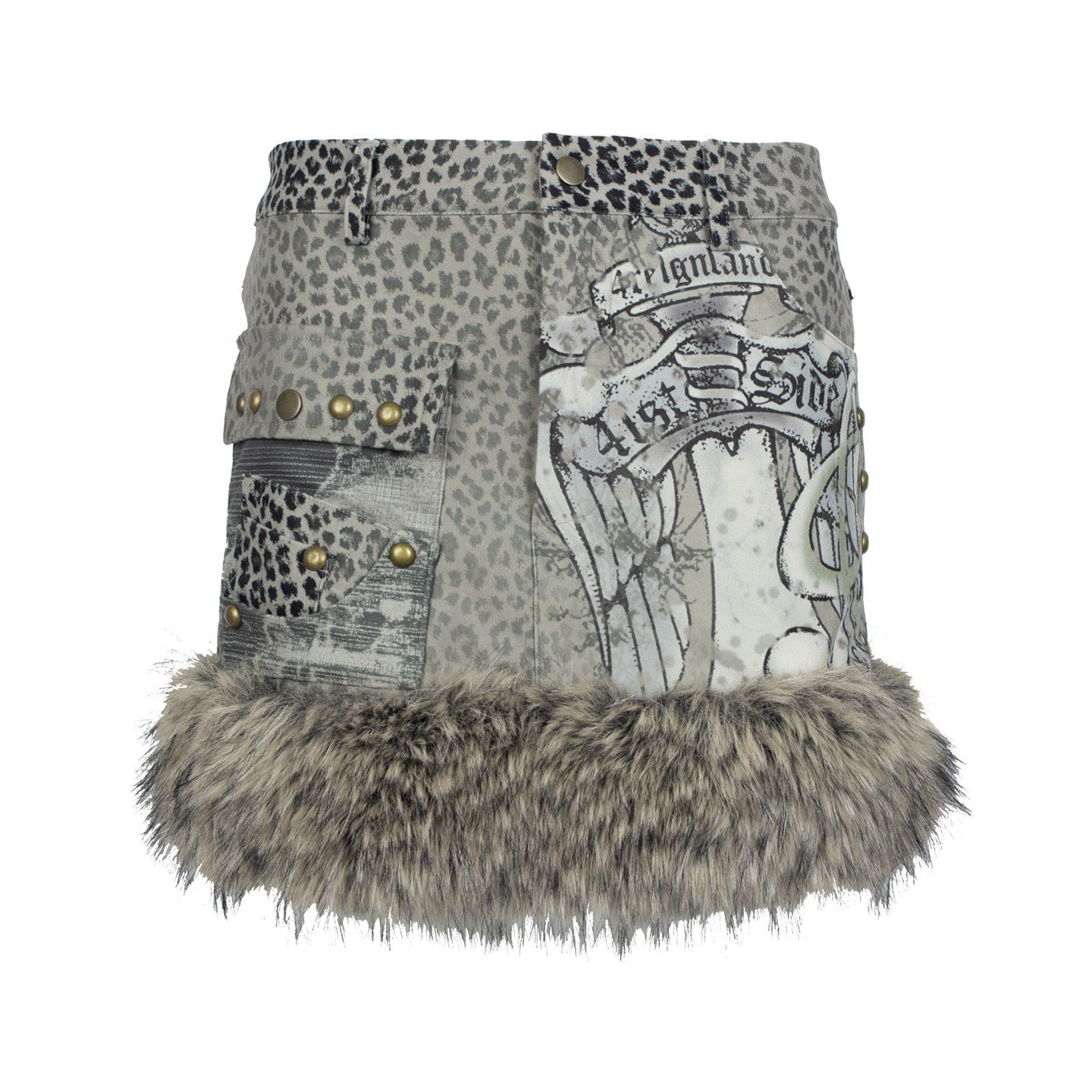4RE1GN_Snow_Leopard_Vintage_Stamp_Print_Patchwork_Studded_Corduroy_Women's_Mini_Skirts_985632431263_MISSTT