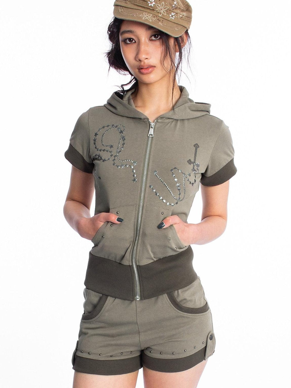 4RE1GN Star Chain Sequin Stud Colorblock Women's Cotton Zip-up Hoodies
