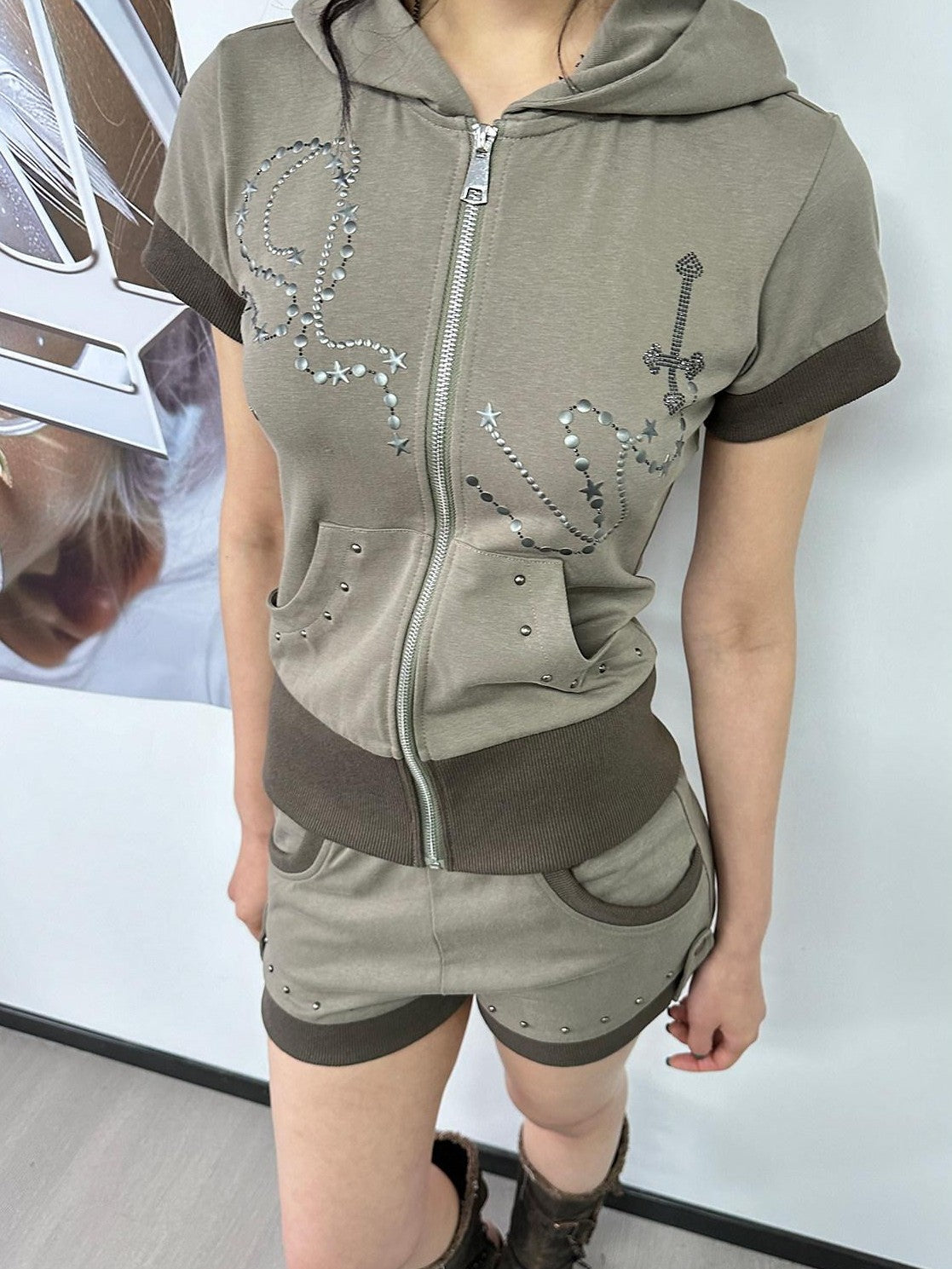 4RE1GN Star Chain Sequin Stud Colorblock Women's Cotton Zip-up Hoodies