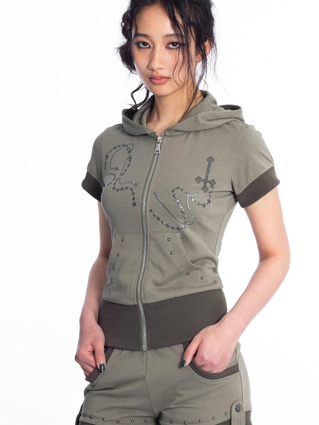 4RE1GN Star Chain Sequin Stud Colorblock Women's Cotton Zip-up Hoodies