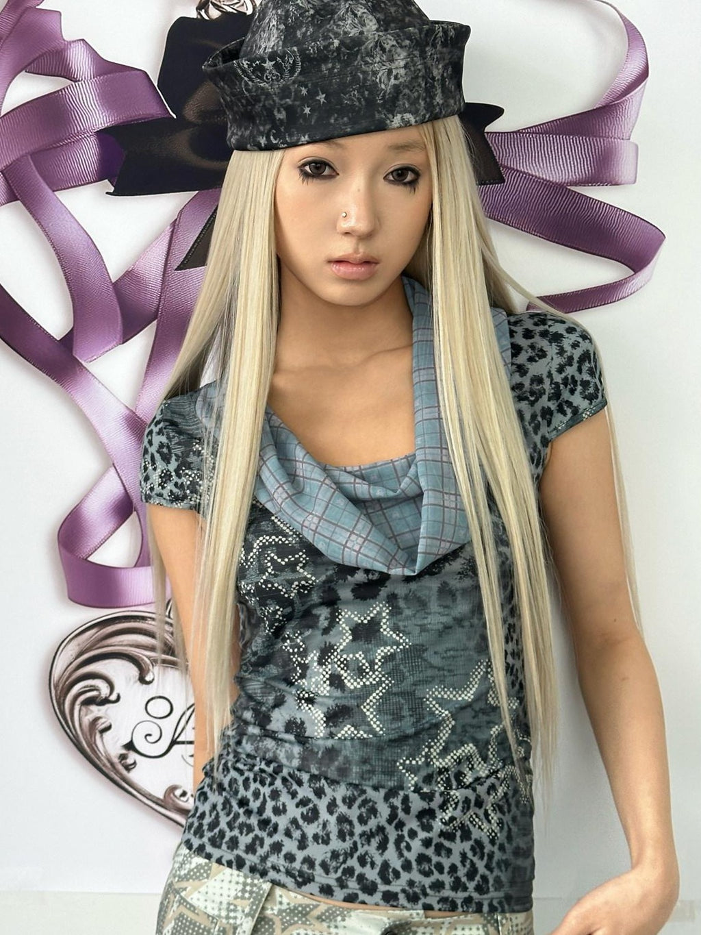 4RE1GN Star Leopard Print Scarf Collar Women's Polyester Spandex Short Sleeve T-shirts
