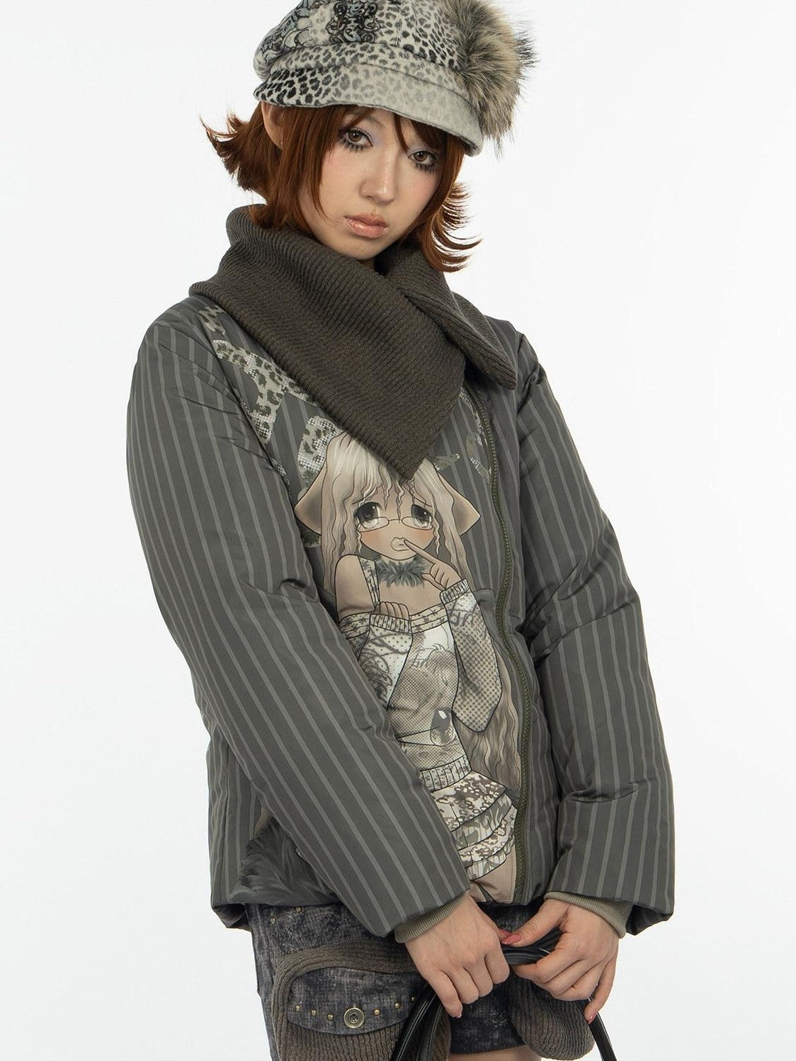 4RE1GN Striped Handpainted Cartoon Graffiti Women's Knit Collar Down Jackets