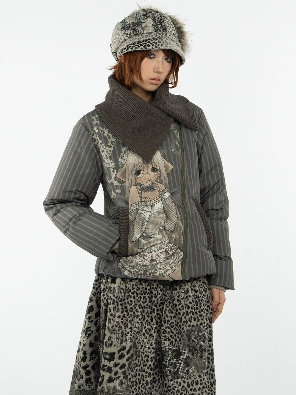 4RE1GN Striped Handpainted Cartoon Graffiti Women's Knit Collar Down Jackets